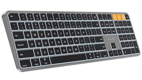 Backlit Bluetooth Keyboard For Mac, K100-A Wireless Quiet Keyboard For Mac, Low Profile, Full Size, Multi-Device, Rechargeable, No Usb, For Macbook Pro/Air, Iphone, Ipad, Space Gray