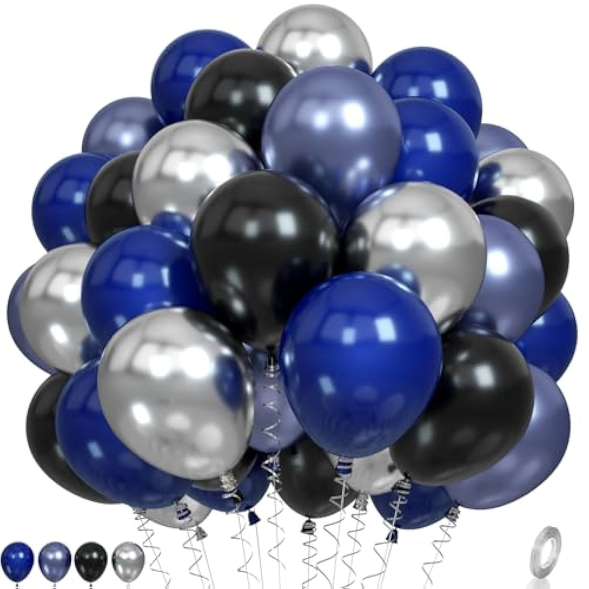 Blue, Black & Silver Latex Balloons – Metallic Party Decor for Birthdays, Showers and Events