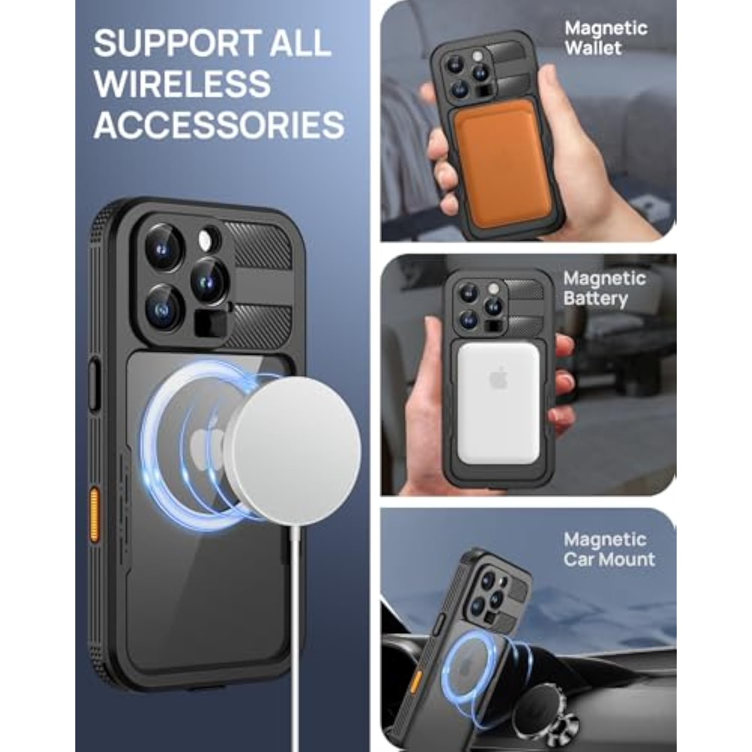 Magnetic For Iphone 16 Pro Max Case, Ip68 Waterproof Dustproof Case, [Compatible With Magsafe] [Built-In Screen Protector] Full Body Heavy Duty Rugged Phone Cover 6.9 Inch, Black/Clear