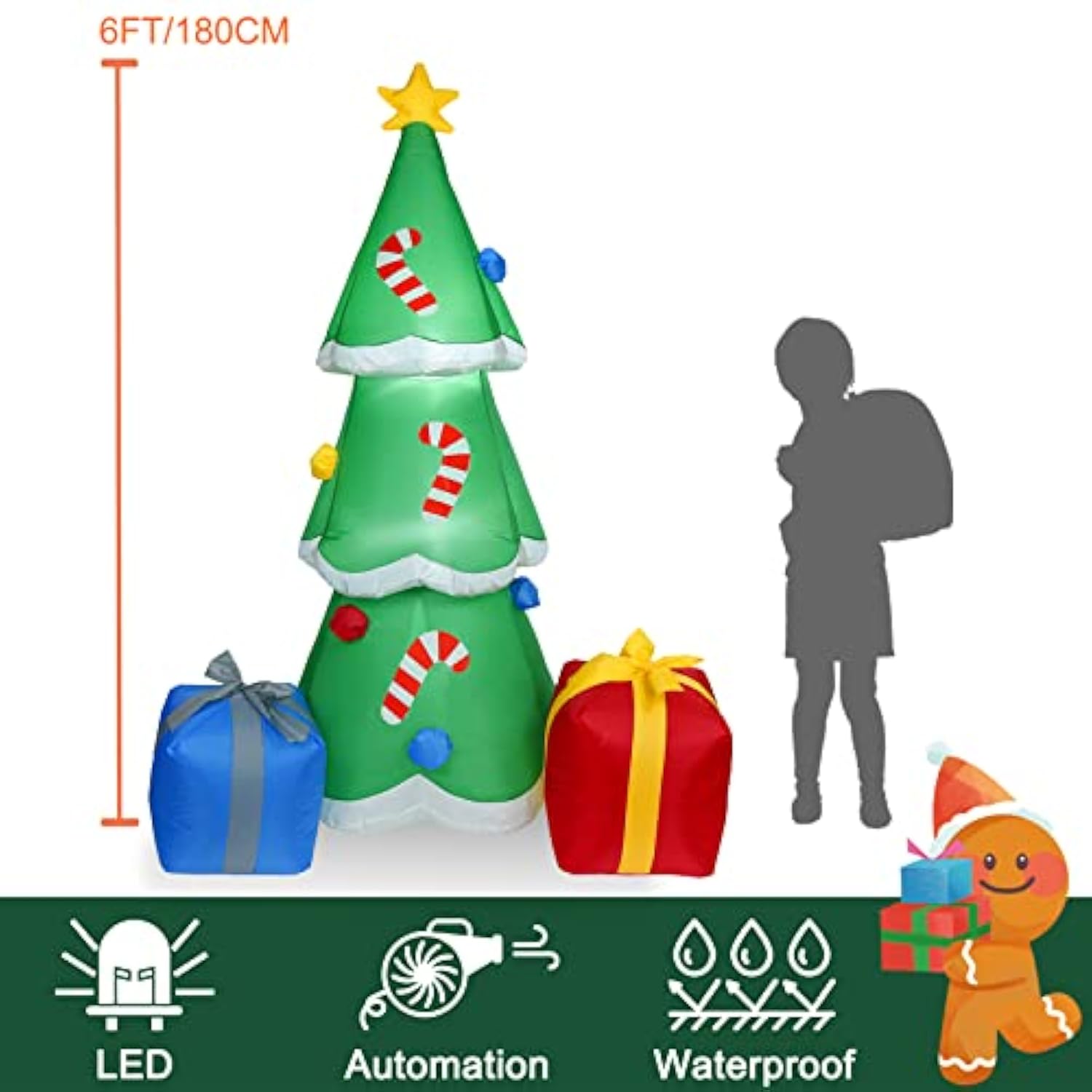 6Ft H Christmas Inflatable Christmas Tree With Gift Gags With Build-In Led Lights, Blow Up Christmas Inflatable Outdoor