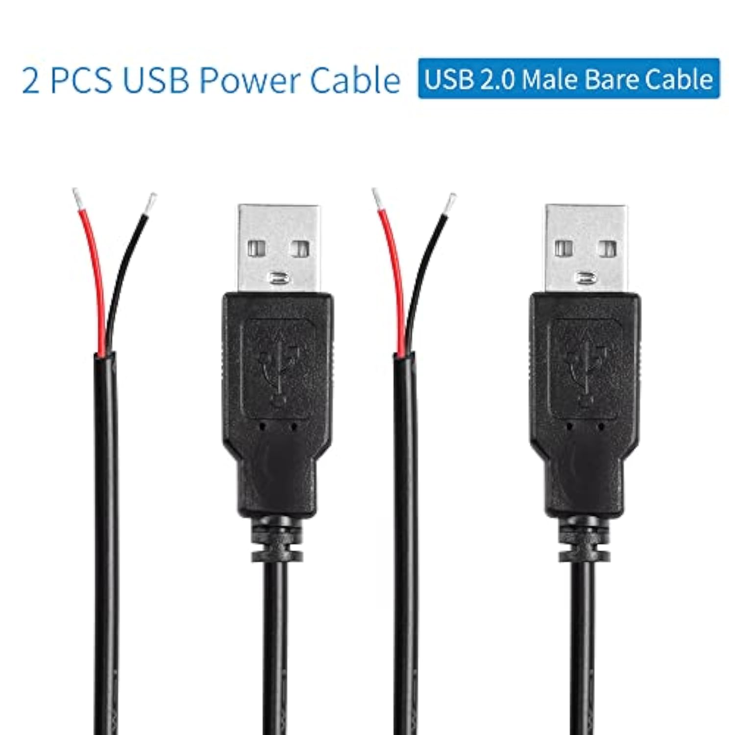 2Pcs Usb 2.0 Male Plug 2Pin Bare Wire,Usb Power Data Cable Diy Pigtail Cable F