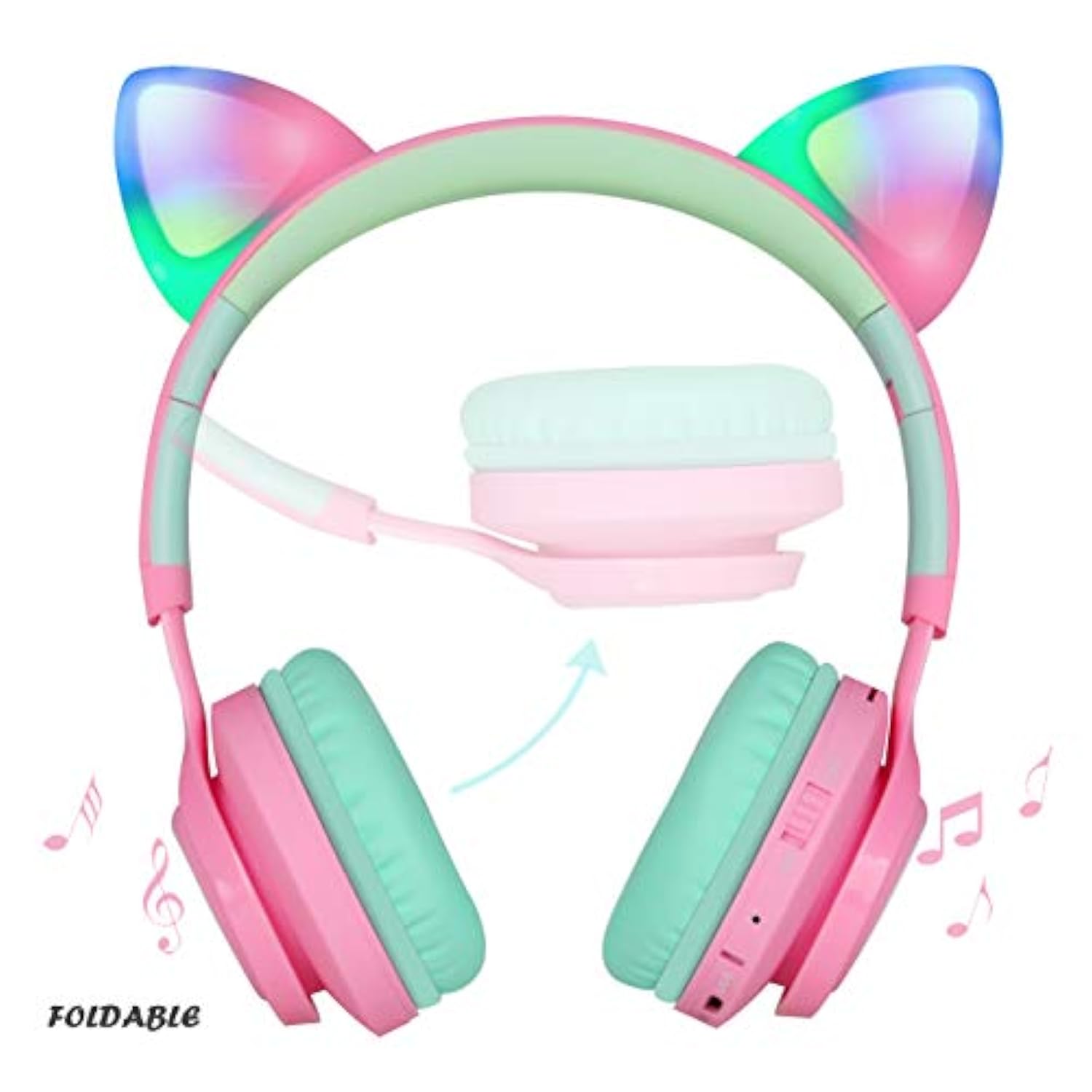 CT-7 Kids Bluetooth Cat Ear Headphones LED Mic Volume Control Pink & Green