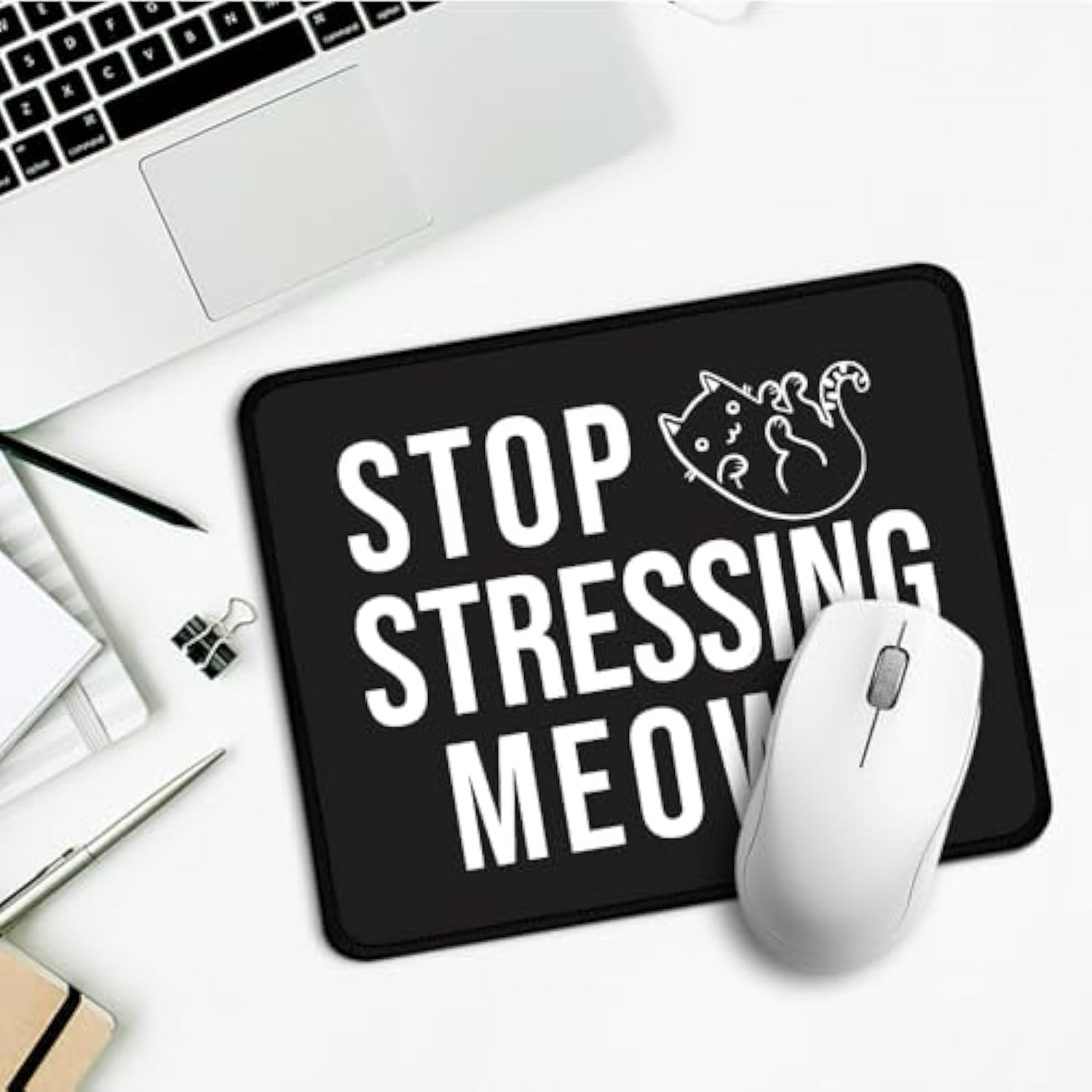 Stop Stressing Meowt Rectangular Black Mouse Pad, Funny Cat Mouse Pads For Desk, Cat Lover Desk Accessories, New Job Gifts For Intern Coworker, Cute Office Gifts For Cat Mom Friend Colleague