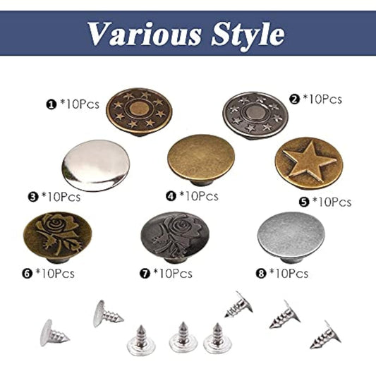 80 Sets Metal Jeans Button Pins Fix Snap Fasteners Tack Buttons Replac
