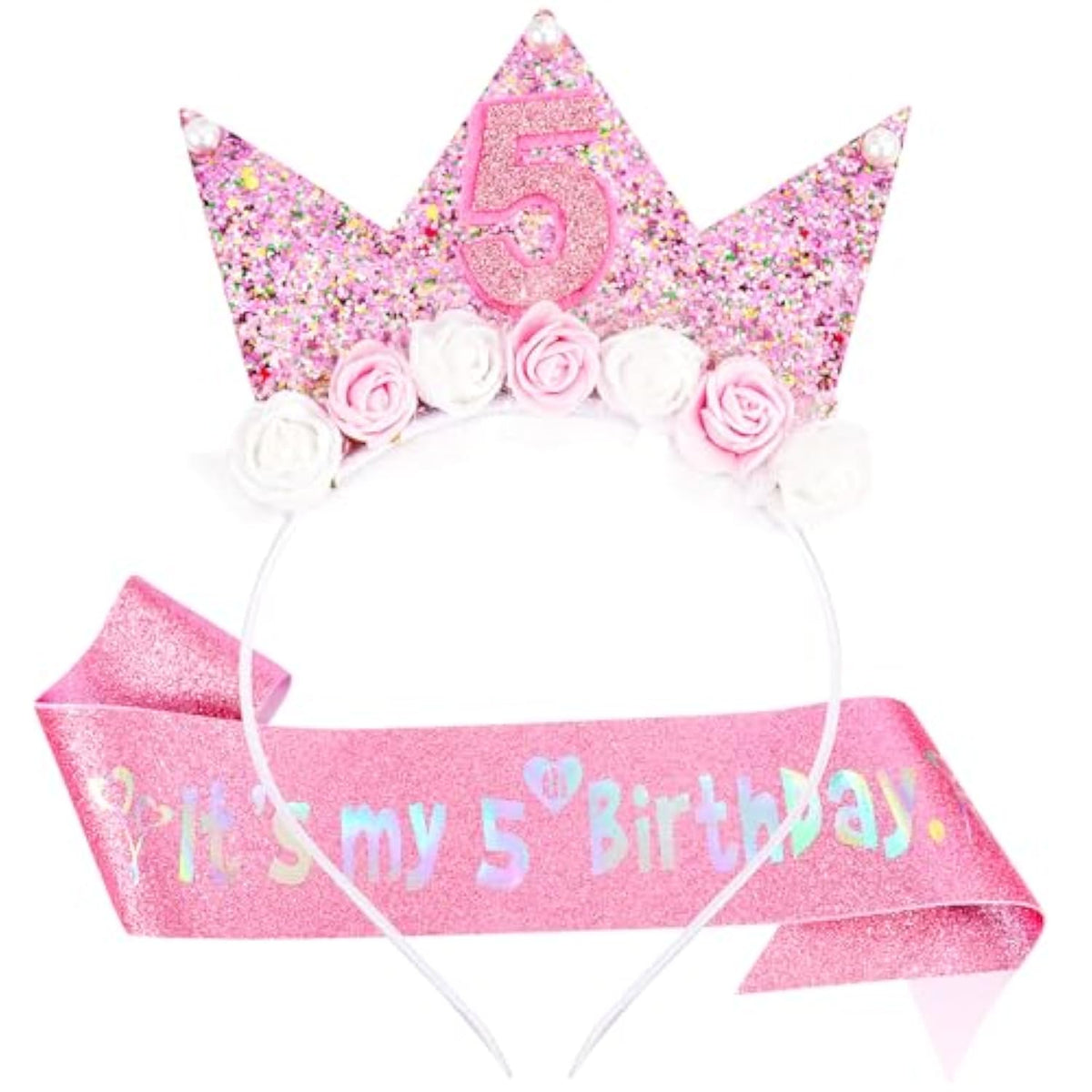 5Th Birthday Decorations For Girls, Birthday Girl Headband & Glitter Sash Set For 5 Year Old Girl Birthday Decorations, Birthday Flower Princess Crown Headband For Happy 5Th Birthday Girl Outfit