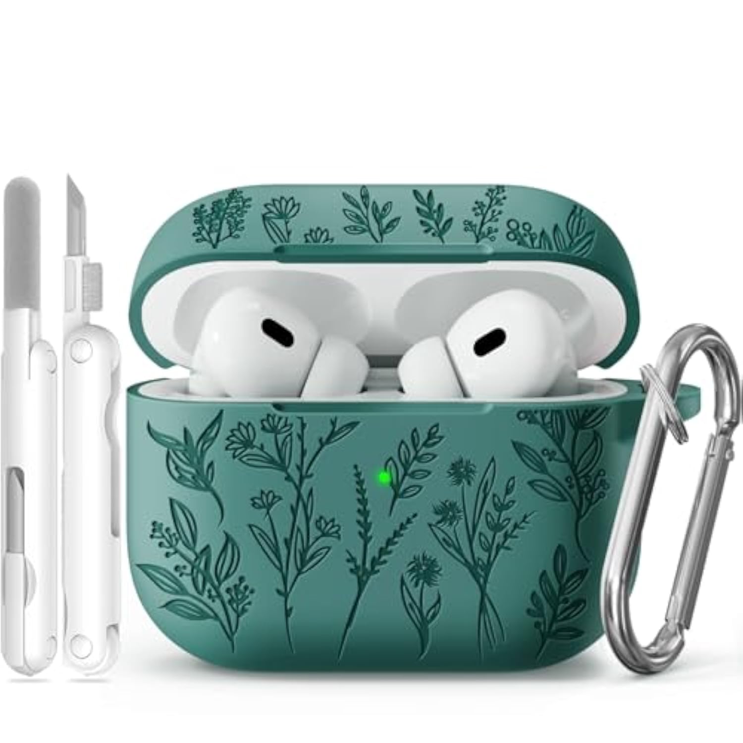 Flower Engraved Case For Airpods Pro 2 With Cleaning Kit And Carabiner, Soft Siliconecover For Apple Airpods Pro 2Nd/1St Generation Airpod Pro Case, Front Led Visible, Anti-Scratch Shockproof