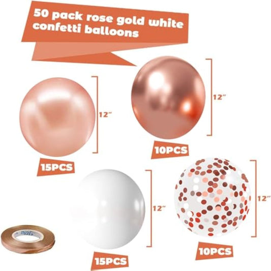 Rose Gold Confetti Balloons, 50 Pack 12 Inch White And Rose Gold Latex Balloons With 33 Feet Rose Gold Ribbon For Birthday Party Wedding Graduation Bridal Shower Decorations.…