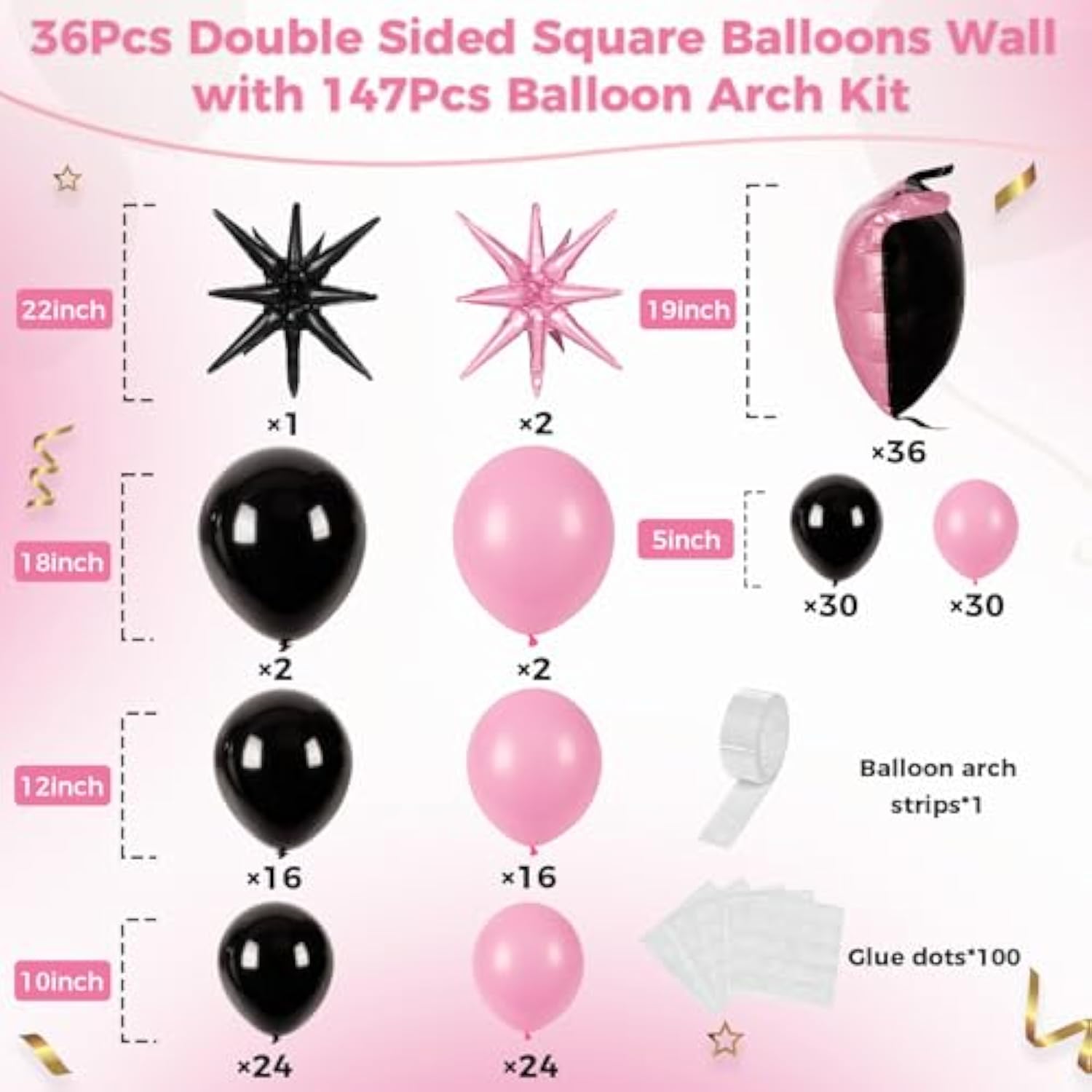 36Pcs Black And Pink Square Foil Balloons Wall Backdrop With 147Pcs Balloon Garland Arch Kit, Double Sided Balloons For Bachelorette Baby Shower Birthday Anniversary Prom Party Decorations