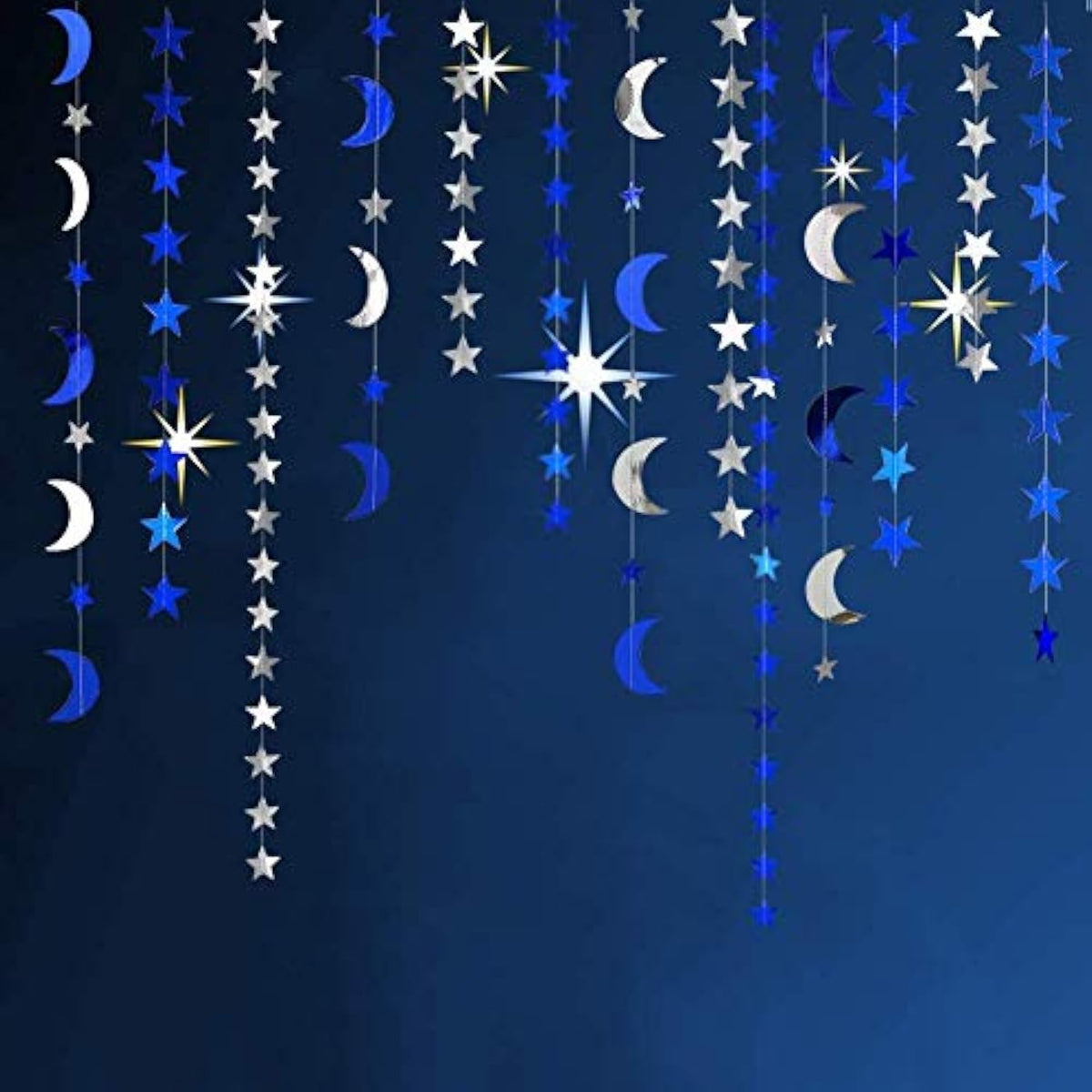 Rpual Blue Moon Star Garland Decorations Hanging Twinkle Little Star Birthday Baby Shower Graduation Party Decor Banner Stars Starry Night Eid Ramadan Muburak Celestial Theme Backdrop