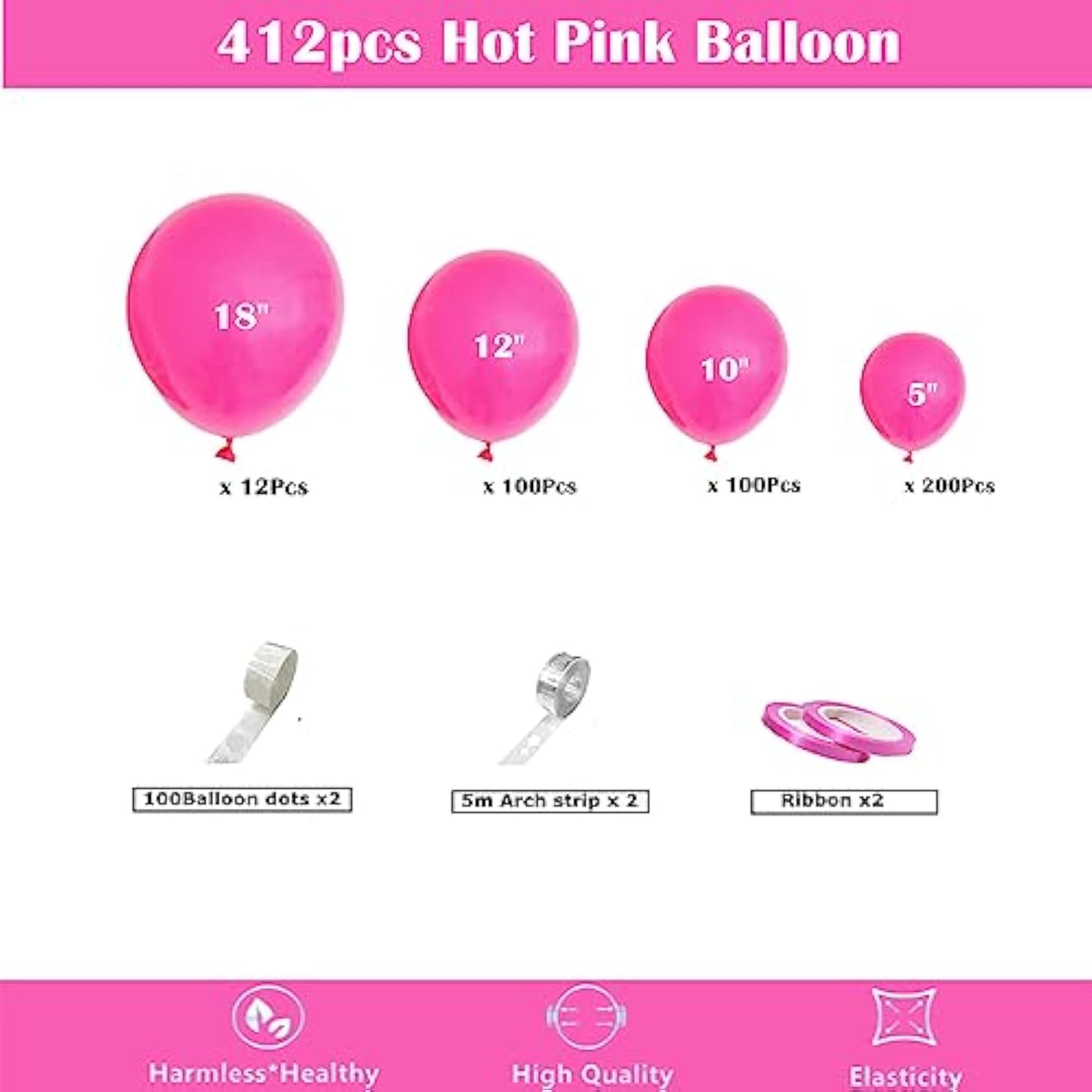 412Pcs Hot Pink Balloon Garland Arch Kit 18 12 10 5 Inch Different Sizes Matte Latex Balloons For Valentine'S Day Baby Shower Birthday Wedding Princess Theme Party Decoration