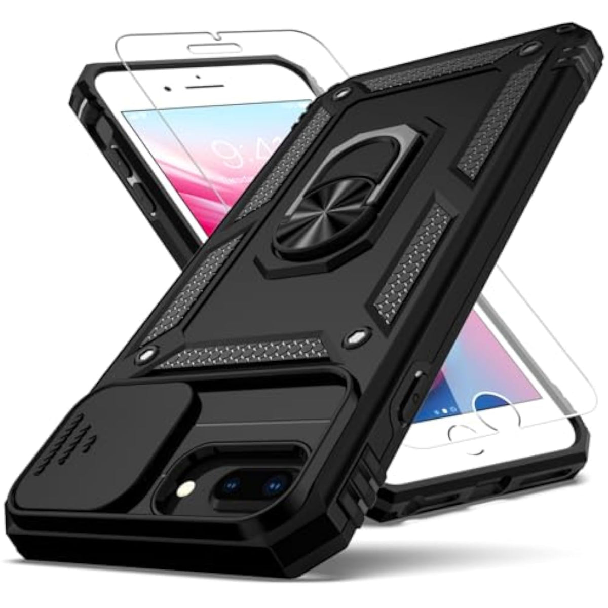 Military Grade Shockproof Protective Case for iPhone 8 Plus, iPhone 7/6 Plus, with Slide Camera Cover and HD Screen Protector, Rotated Ring Kickstand, Black