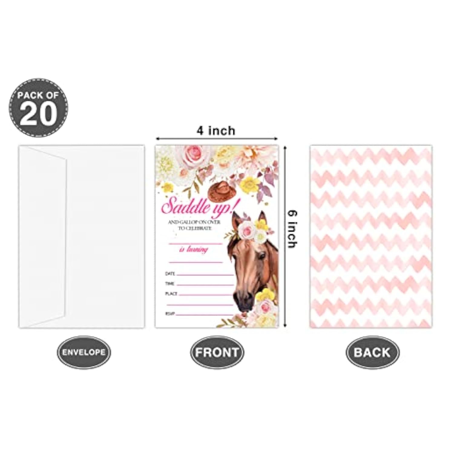 Pony Horse Birthday Invitations, Floral Horse Farm Theme Birthday Party Invitations For Girls Kids, Fill In Birthday Party Invites, Decorations, Favors, 20 Invitations With Envelopes (Ha12)