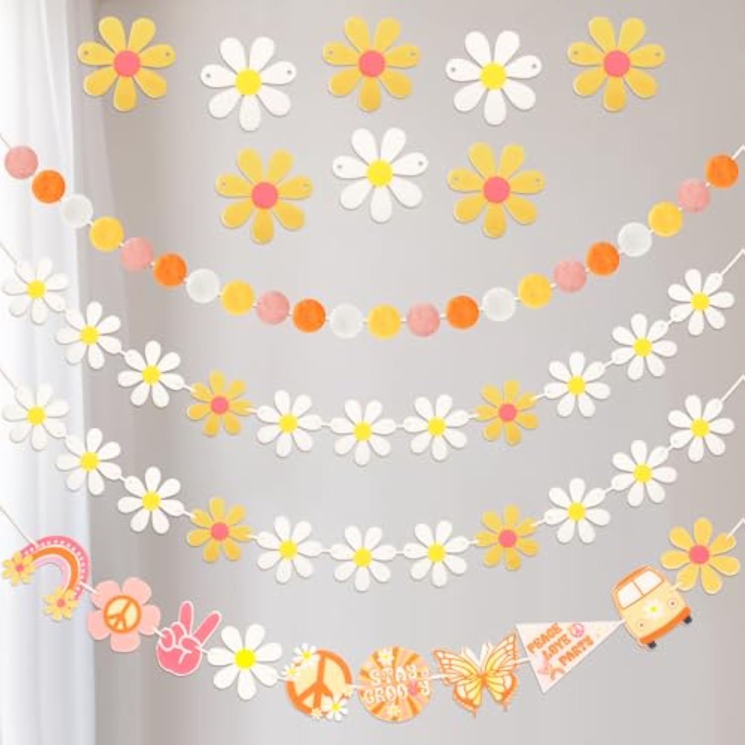 4 Pcs Groovy Party Decorations Garland Felt Ball Hippie Banner And Daisy Boho Garland Set With 6.5 Ft Pom Pom Banner Spring Party Supplies Retro Decor For Wall