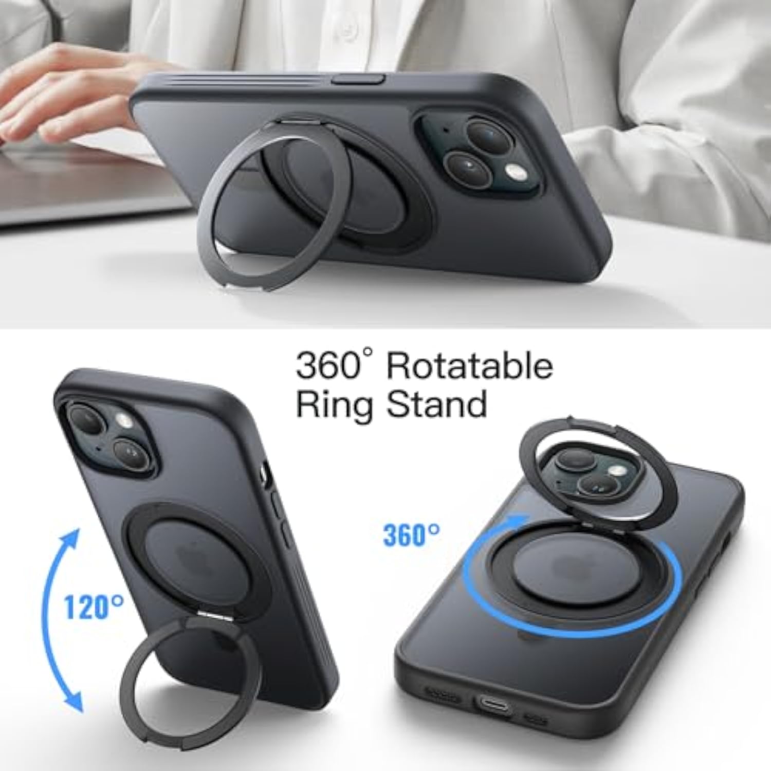 JETech 360 Degree Rotatable Ring Case for iPhone 15 6.1-Inch Compatible with MagSafe, Slim Shockproof Phone Cover with Stand & Ring Holder (Black)