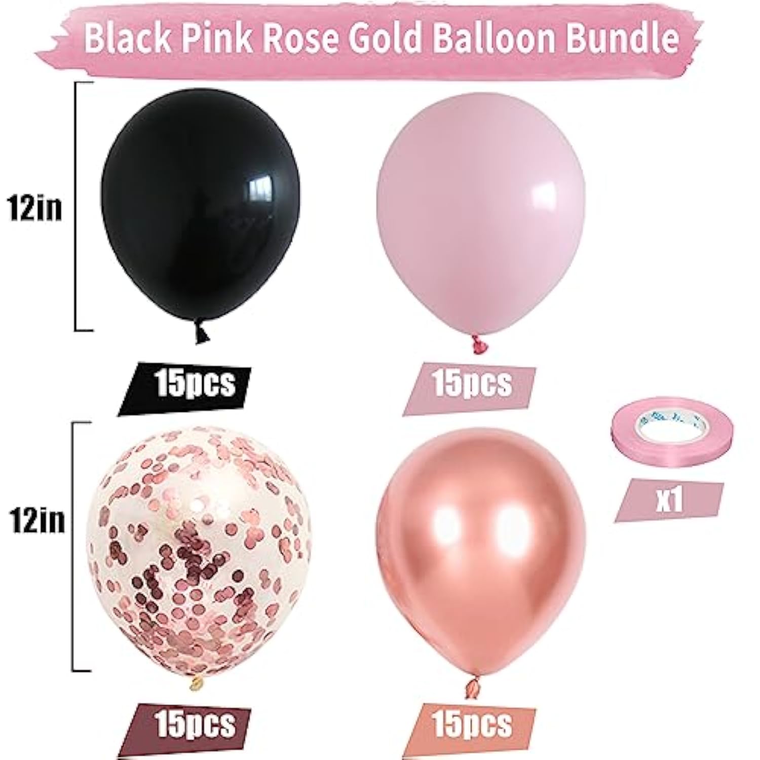 55pcs Pink & Black Balloon Set - Rose Gold Confetti for Party Decorations