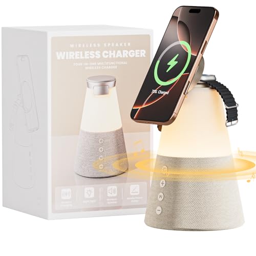 Bluetooth Speaker for Home, 4 in 1 15W Portable Speaker Magnetic Wireless Charger, Portable Bluetooth Speakers with Phone Stand, Mom Gifts Dimmable