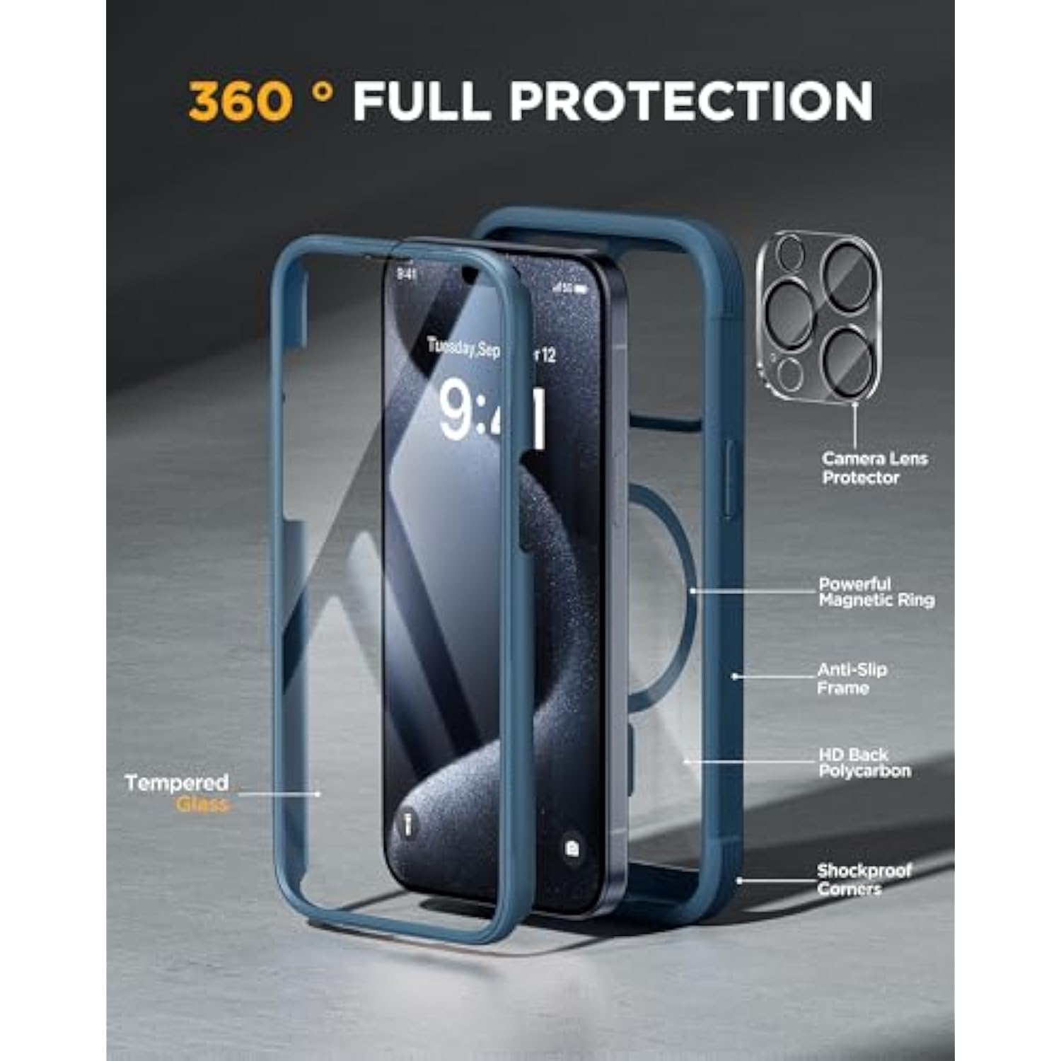 iPhone 15 Pro Max Magnetic Full-Body Case with 9H Screen Protector Blue