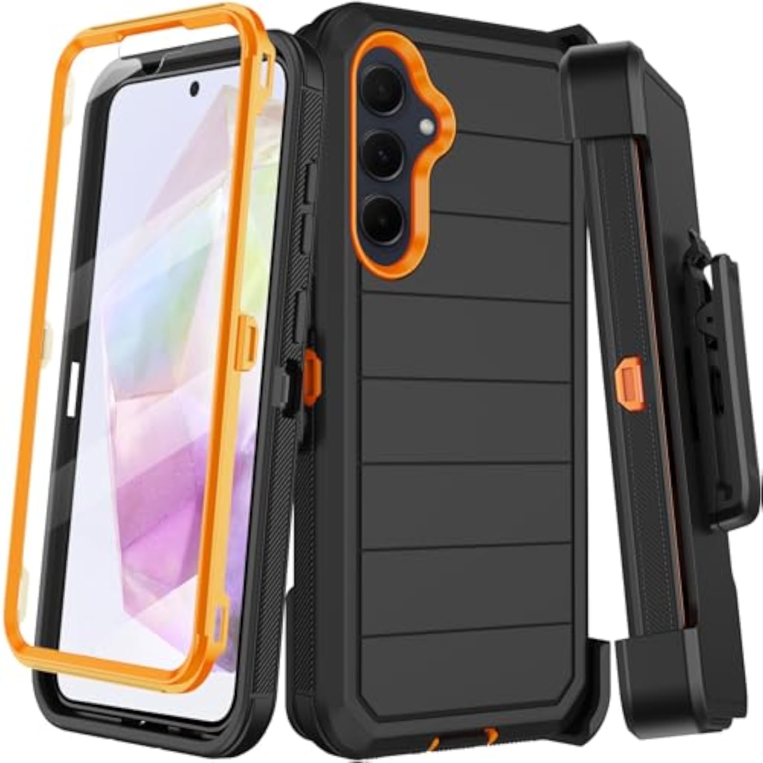 Samsung Galaxy A35 5G Heavy Duty Shockproof Case with Built-in Screen Protector and Belt Clip Holster, Black Orange
