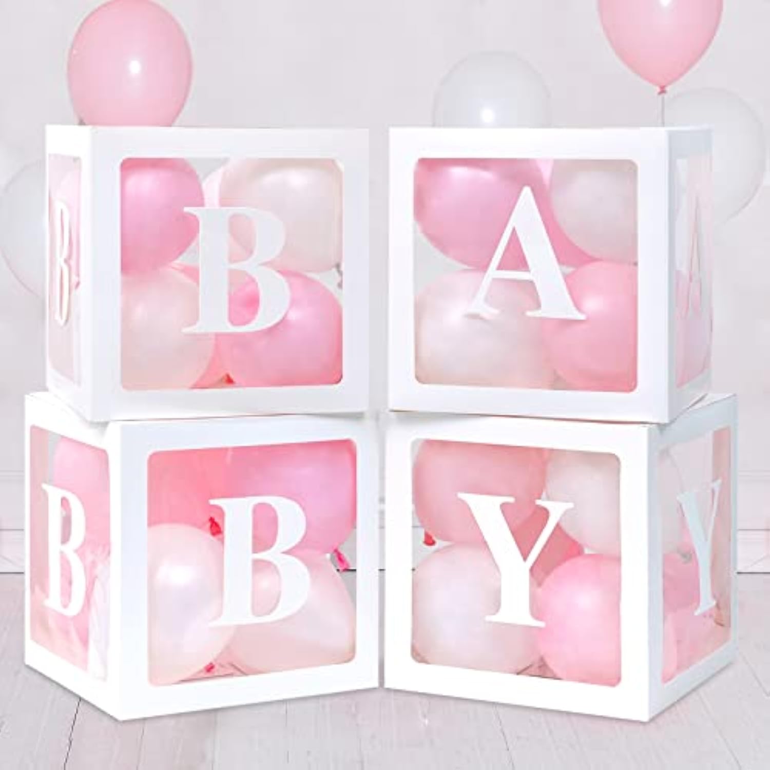 Baby Boxes For Baby Shower Decoration With 8 Letters And 36 Balloons 4Pcs Clear Balloon Boxes Baby Blocks For Girls Birthday Party Decorations(Pink)
