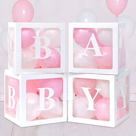 Baby Boxes For Baby Shower Decoration With 8 Letters And 36 Balloons 4Pcs Clear Balloon Boxes Baby Blocks For Girls Birthday Party Decorations(Pink)