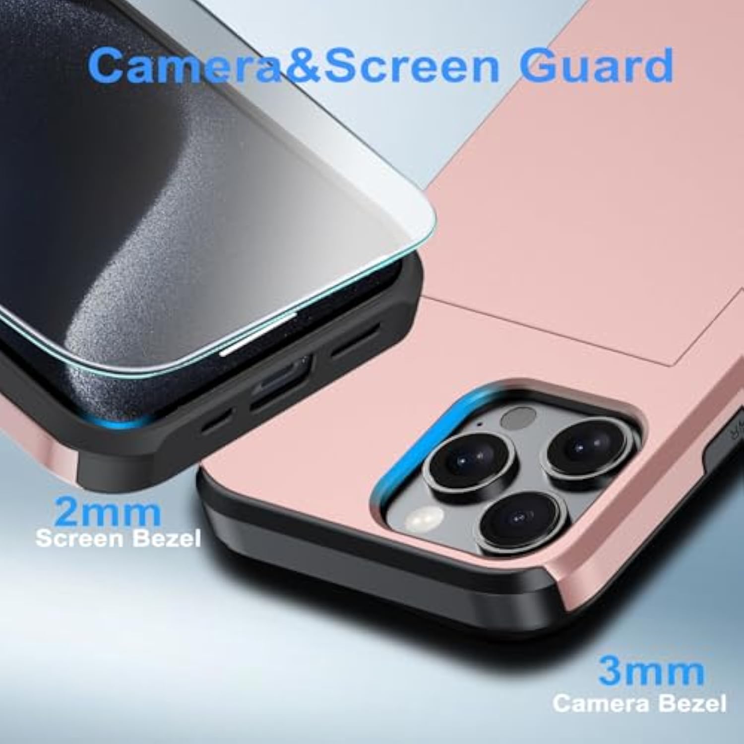 For 16 Pro Wallet Case With Card Holder + 2 Tempered Glass Screen Protector Protective Shockproof Hidden Card Slot Slim Case Women Men 16 Pro 6.3? 2024 (Rose Gold)