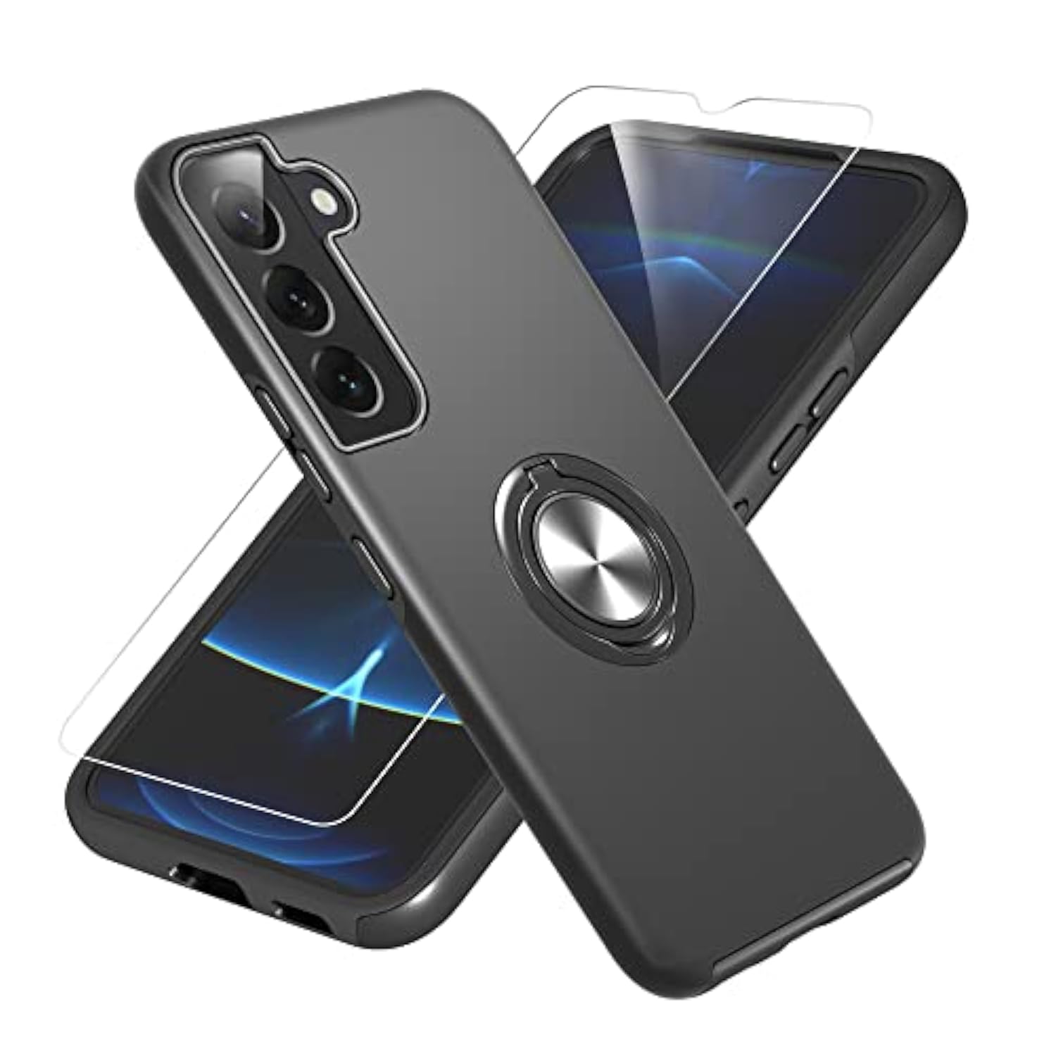 For Samsung Galaxy S22 Case With Hd Screen Protector, [Military Grade] Shockproof Protection Case With 360° Magnetic Ring Holder Kickstand Phone Case For Samsung S22,Black