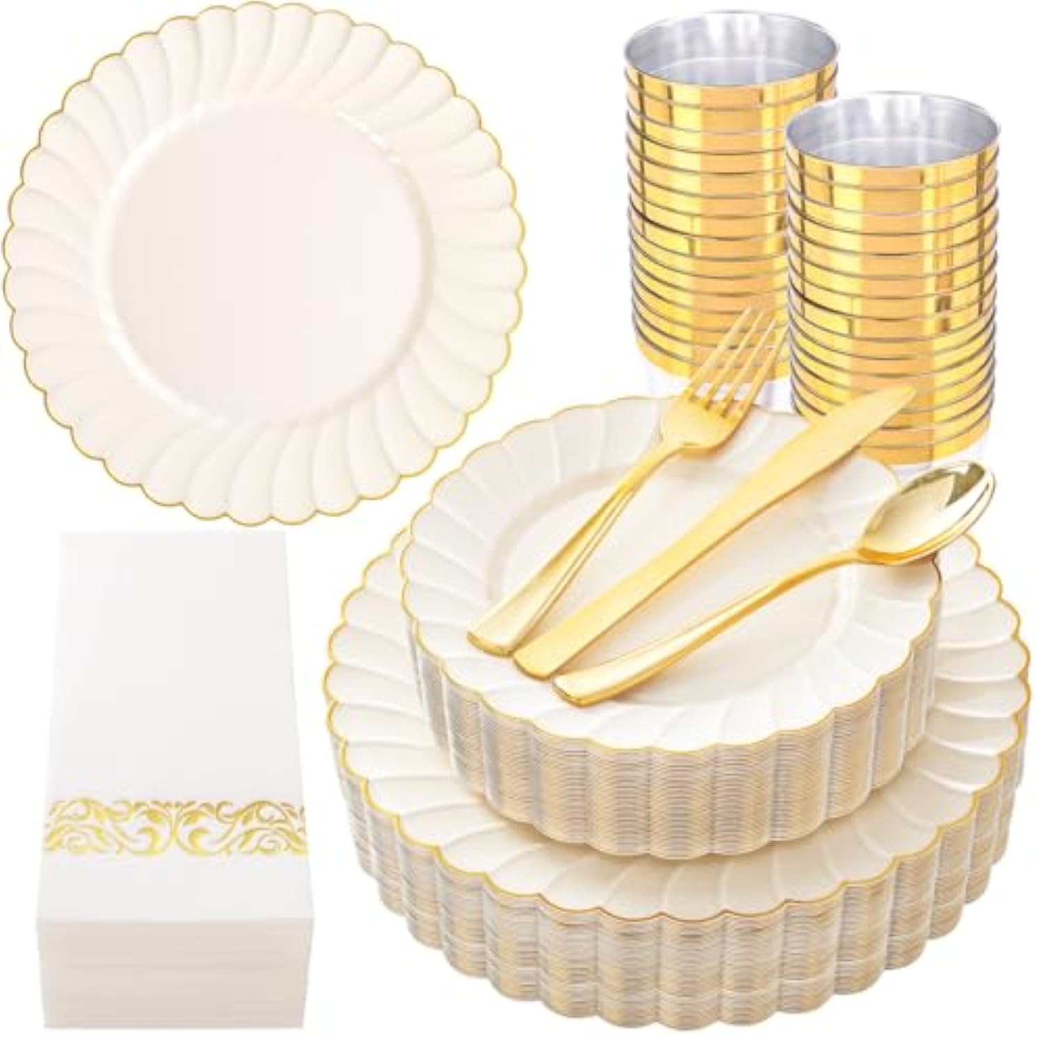 175Pcs Ivory Scalloped Plastic Plates - Gold Disposable Dinnerware Set Include 50 Plates, 75 Gold Silverware, 25 Cups, 25 Napkins For Party & Wedding