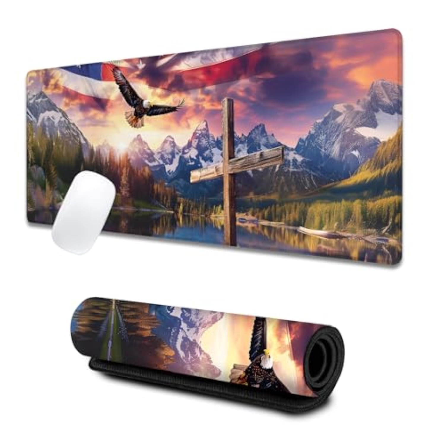 Majestic Eagle Large Gaming Desk Mat,Rubber Non-Slip American Flag Mouse Pad,31.5X11.8X0.12In Extended Cross Patriotic Mousepad,Game Lover Mice Pads Gifts,Office Home Deskmat Decor