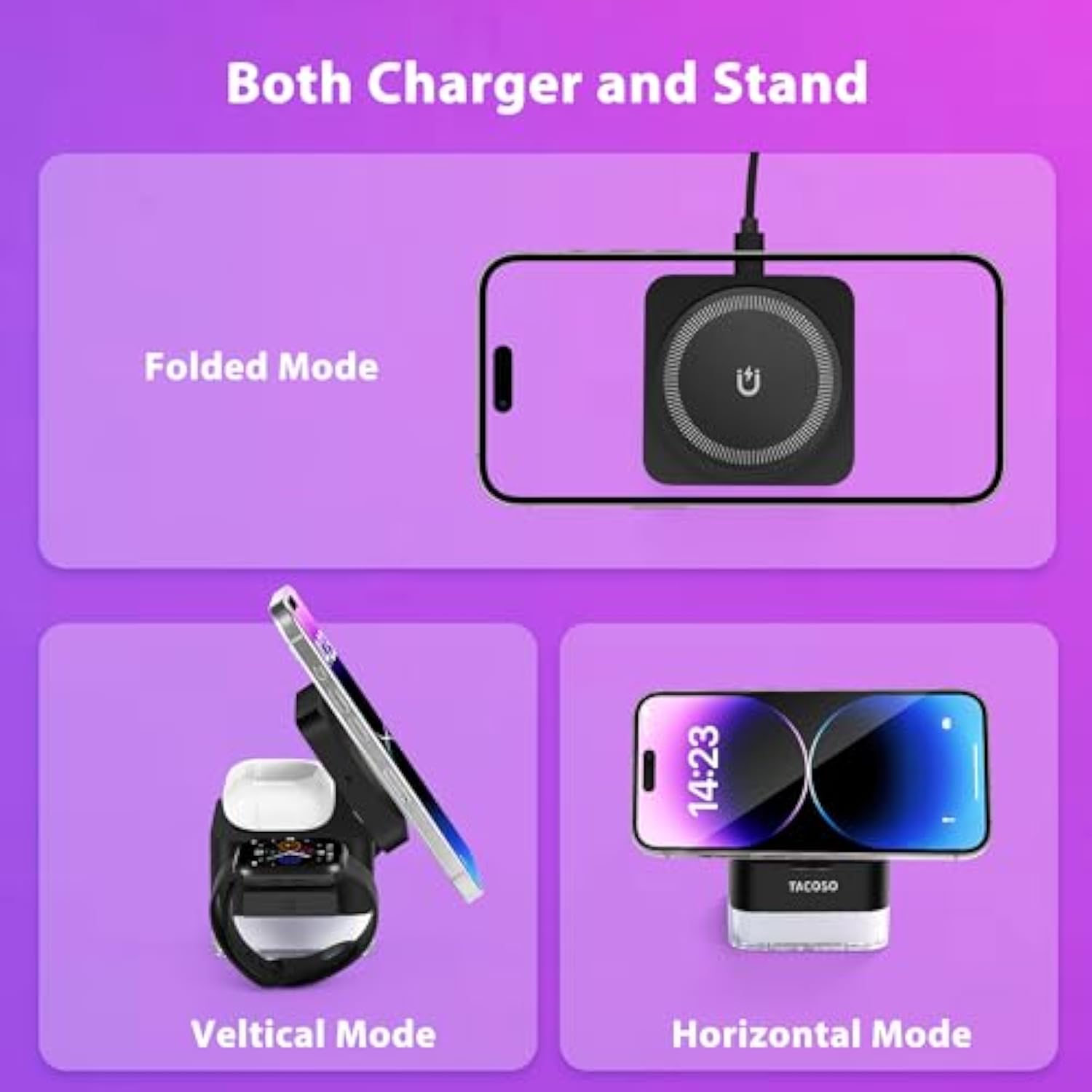 Wireless-Charger 3 In 1 Apple-Charging-Station-Cube Nightlight Lamp 15W Magnetic Charger Stand Foldable Charging Dock For Iphone 16/15/14/13/12/Airpods/Apple Watch(No Adapter)