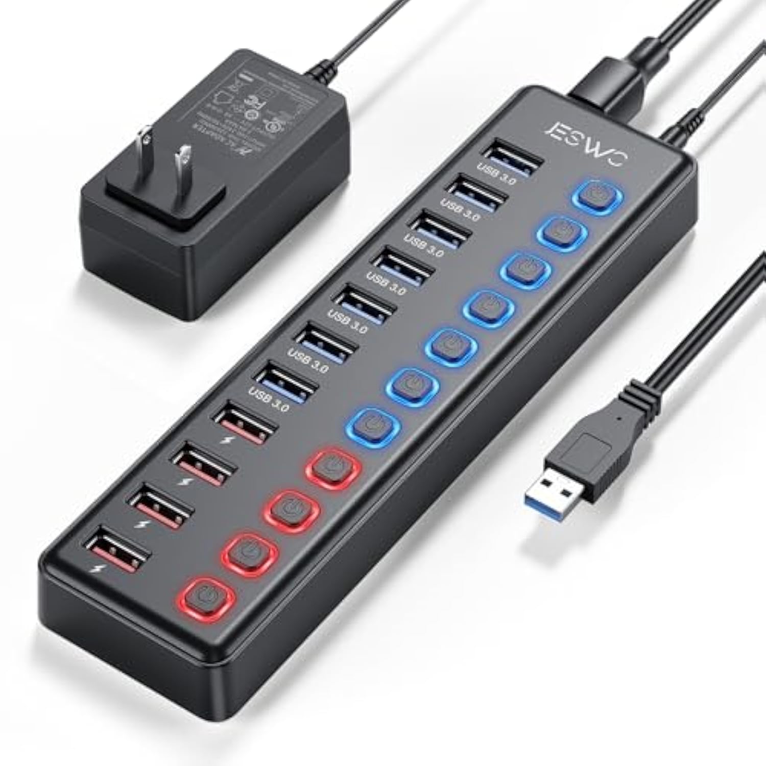 Powered Usb Hub, 11-Port Usb 3.0 Hub (7 Data Transfer Ports + 4 Smart Charging Ports) With Individual Led On/Off Switches, Usb Hub Powered With 12V/3A Power Adapter For Mac, Pc