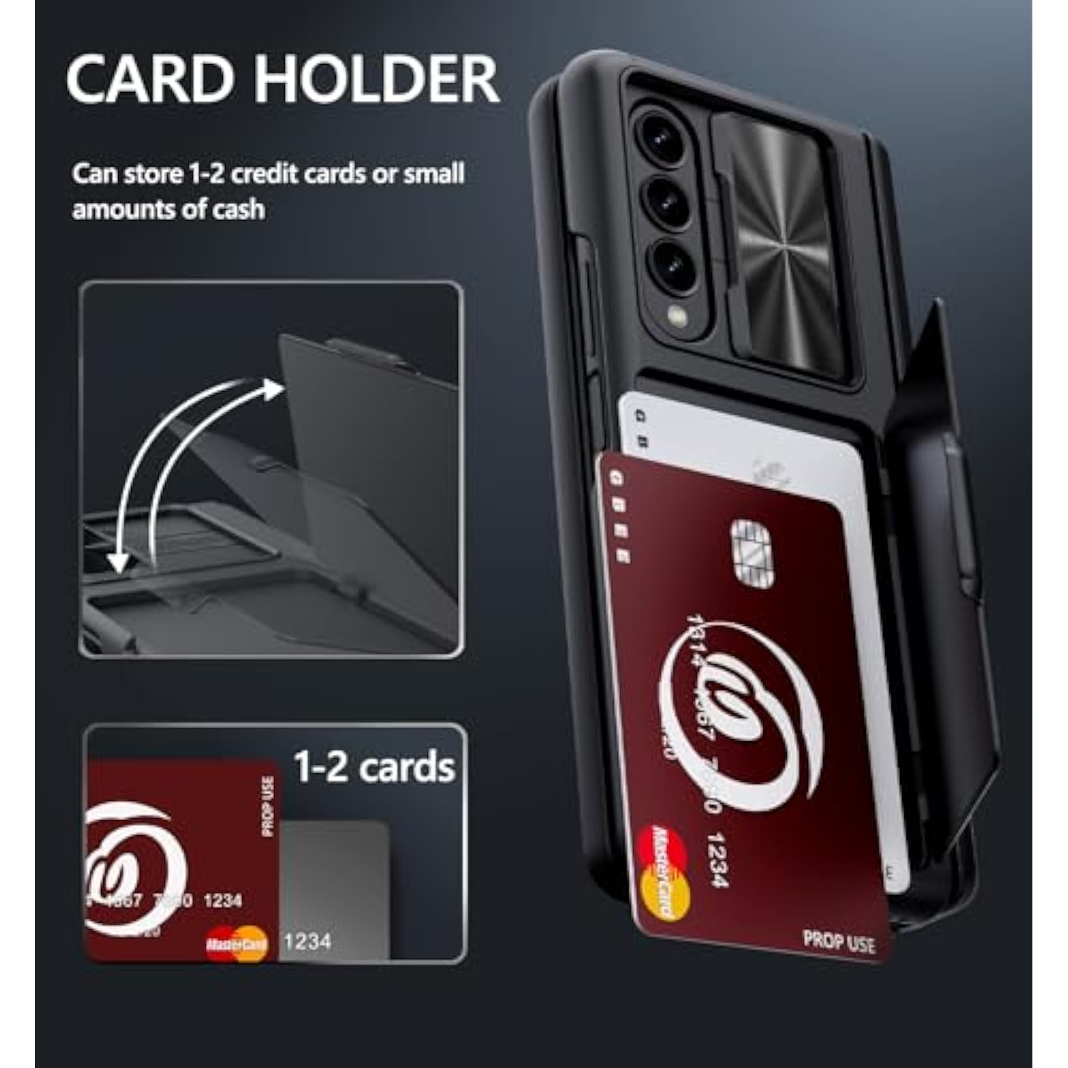 For Samsung Galaxy Z Fold 3 Case With Card Holder & Hinge Protection & Kickstand & Slide Camera Cover & Built-In Screen Protector, Rugged Phone Case For Galaxy Z Fold 3 (Black)