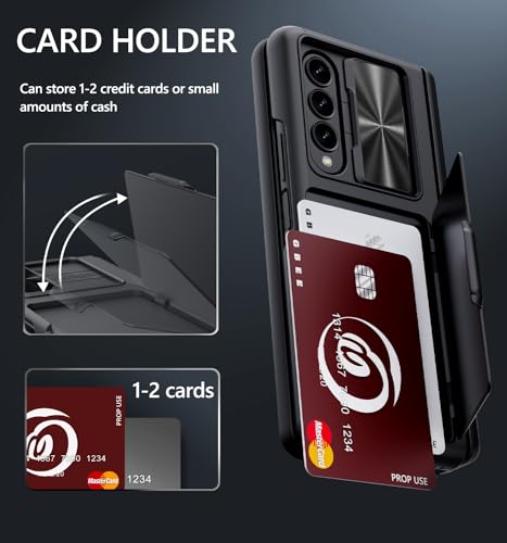 for  Galaxy Z Fold 4 Case with Card Holder & Kickstand & Hinge Protection & Slide Camera Cover & Built-in Screen Protector, Rugged Phone Case