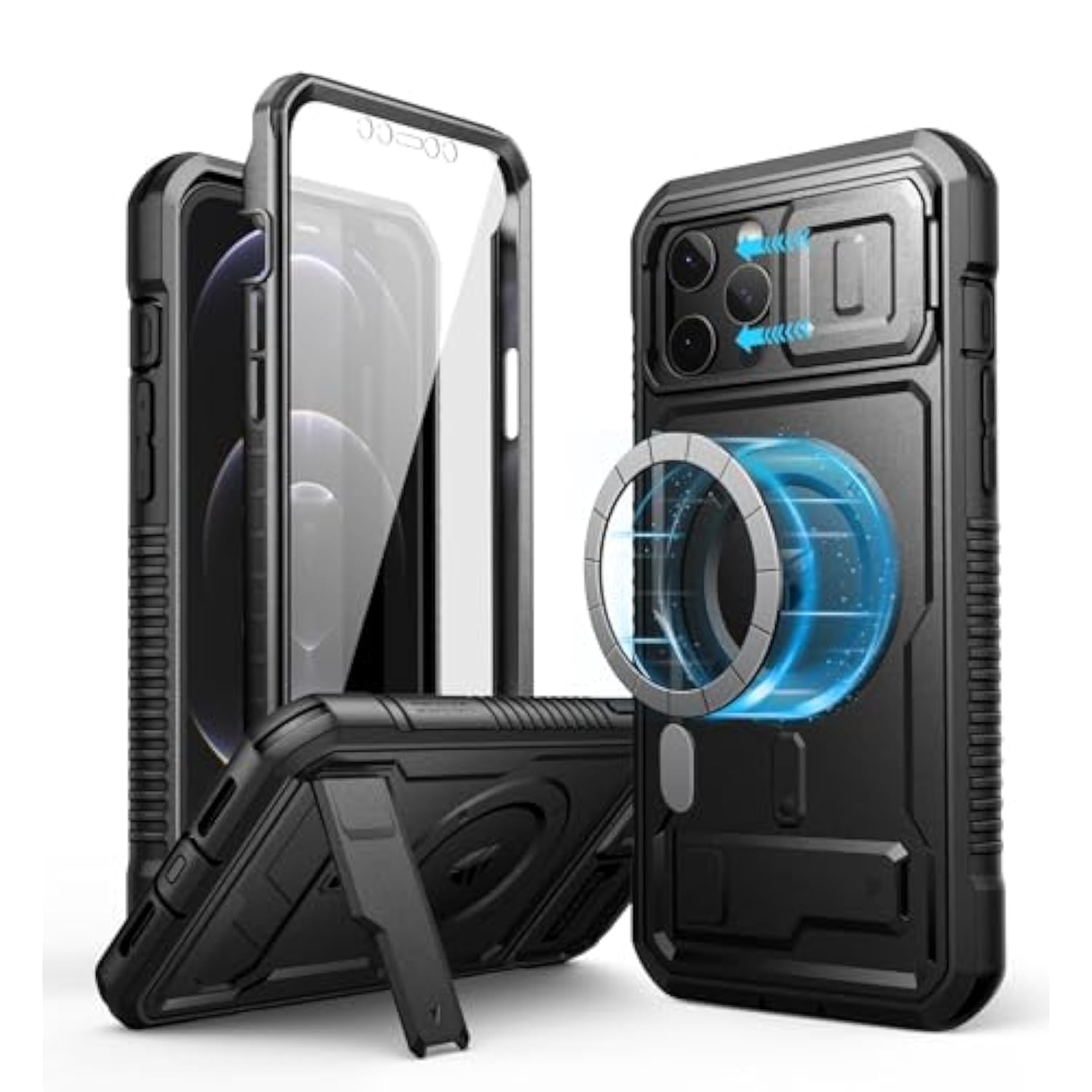 For Iphone 12 Pro Max Case With Camera Cover [Compatible With Magsafe] [Built-In Screen Protector] Heavy-Duty Shockproof Full-Body Rugged Protective Magnetic Cover With Kickstand, Black