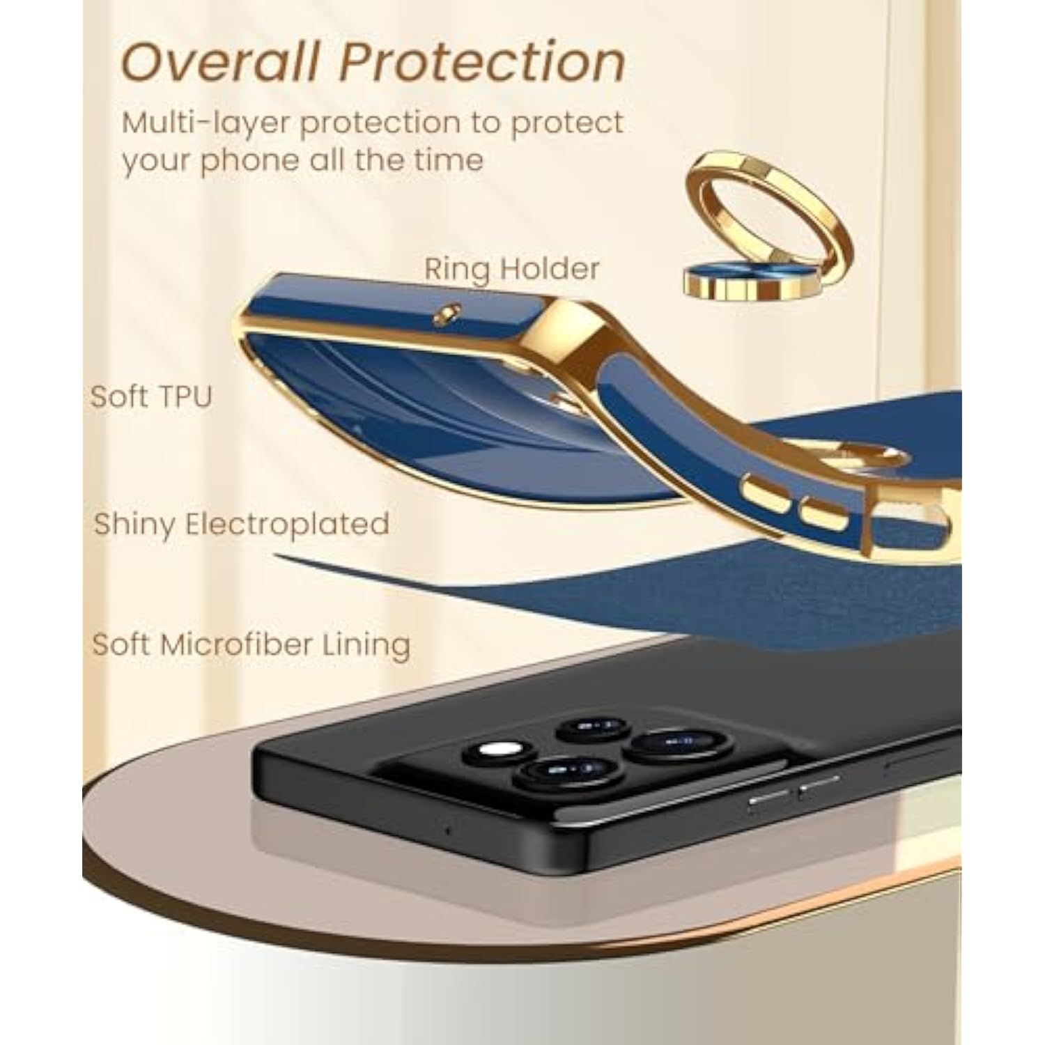 For Moto G Power 5G 2025 Case, 2X Screen Protector, 360° Rotatable Ring Holder Magnetic Kickstand,Plated Gold Edge Slim Soft Tpu Protective Cover For Motorola G Power 5G 2025 (Blue)