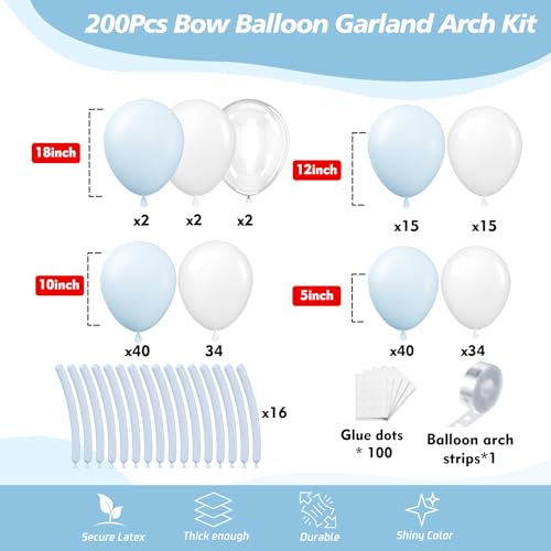 200Pcs Blue and White Balloon Garland Arch Kit - Light Blue White Balloons 18 12 10 5 Inch Different Size Balloons for Birthday Baby Shower Bachelorette Gender Reveal Party Decoration Supplies