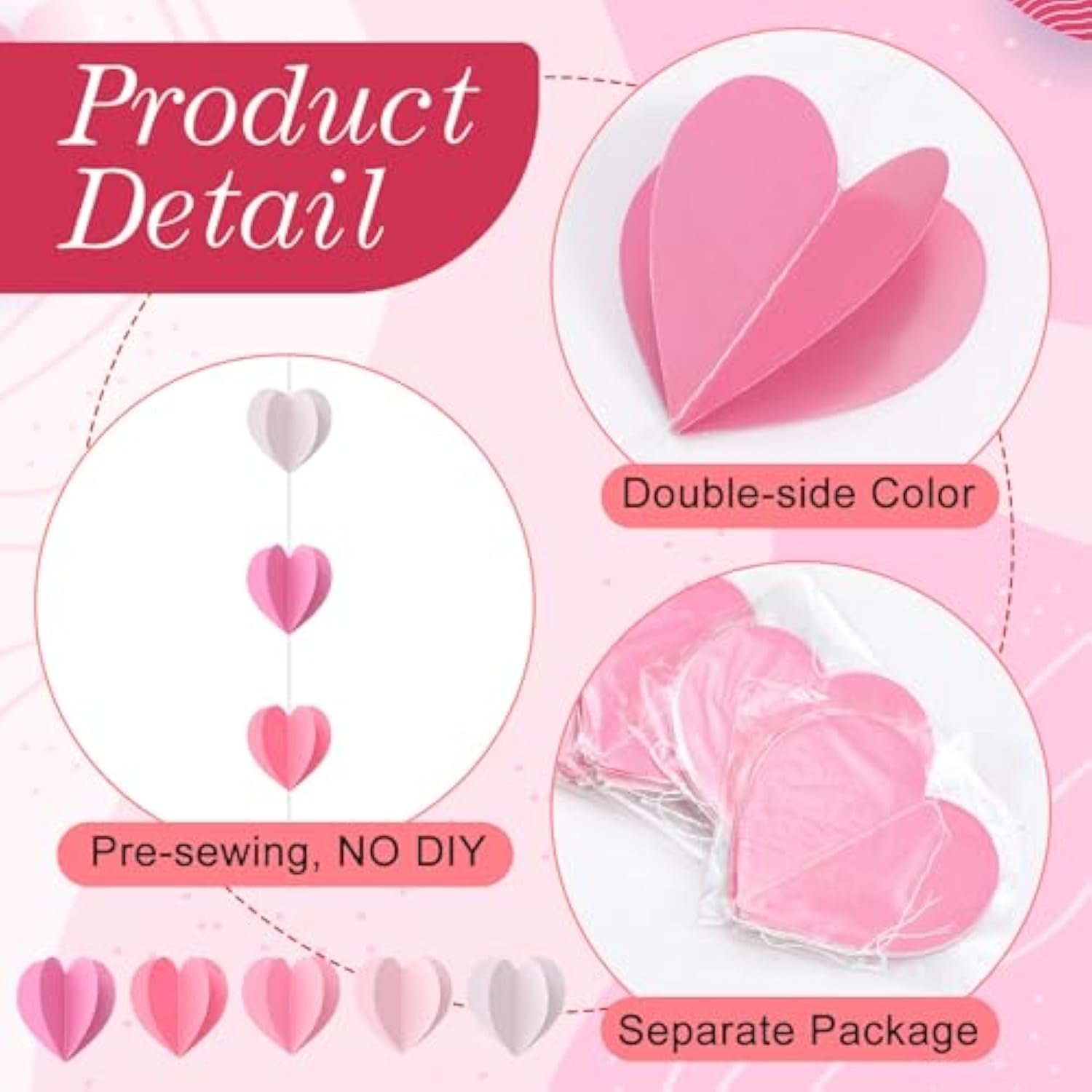 12 Pcs Valentines 3D Heart Garland Banners 57Ft Hanging Paper Heart Streamers Valentines Wall Decorations Party Decor Supplies For Galentines Wedding Classroom Birthday(Gradient Pink)
