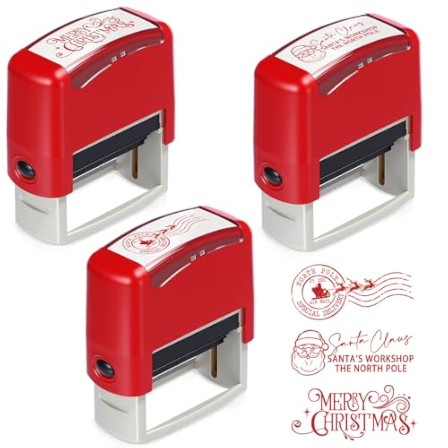 3 Pcs Christmas Self Rubber Stamps With Red Ink North Pole Self Inking Stamp Santa Claus Signature Reindeer Christmas Tag For Adults Office School Party (Red)