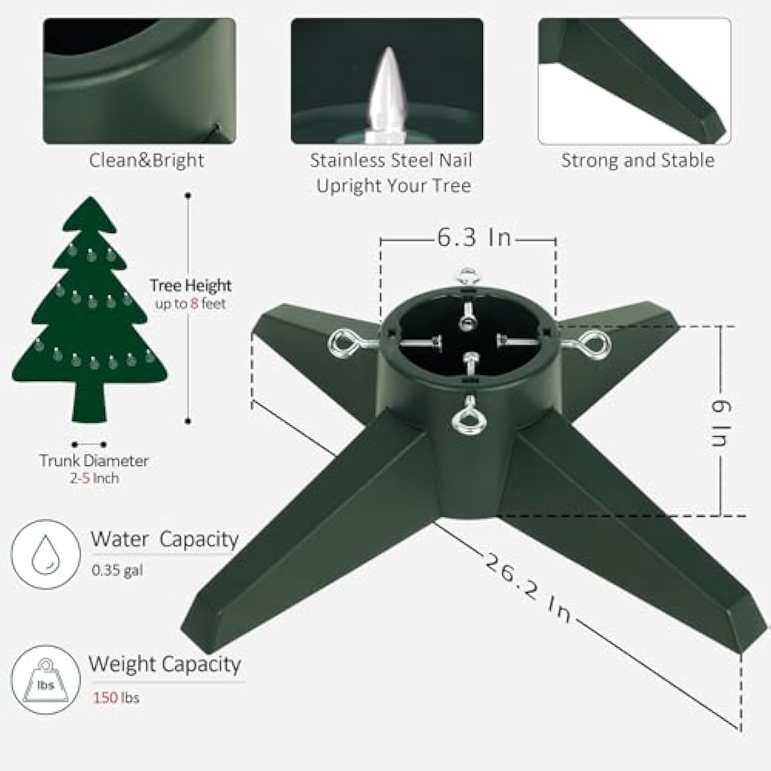 Christmas Tree Stand, Xmas Tree Base Stand, Christmas Tree Holder For Real Trees, Fits Up To 8Ft Real And Artificial Trees, Green