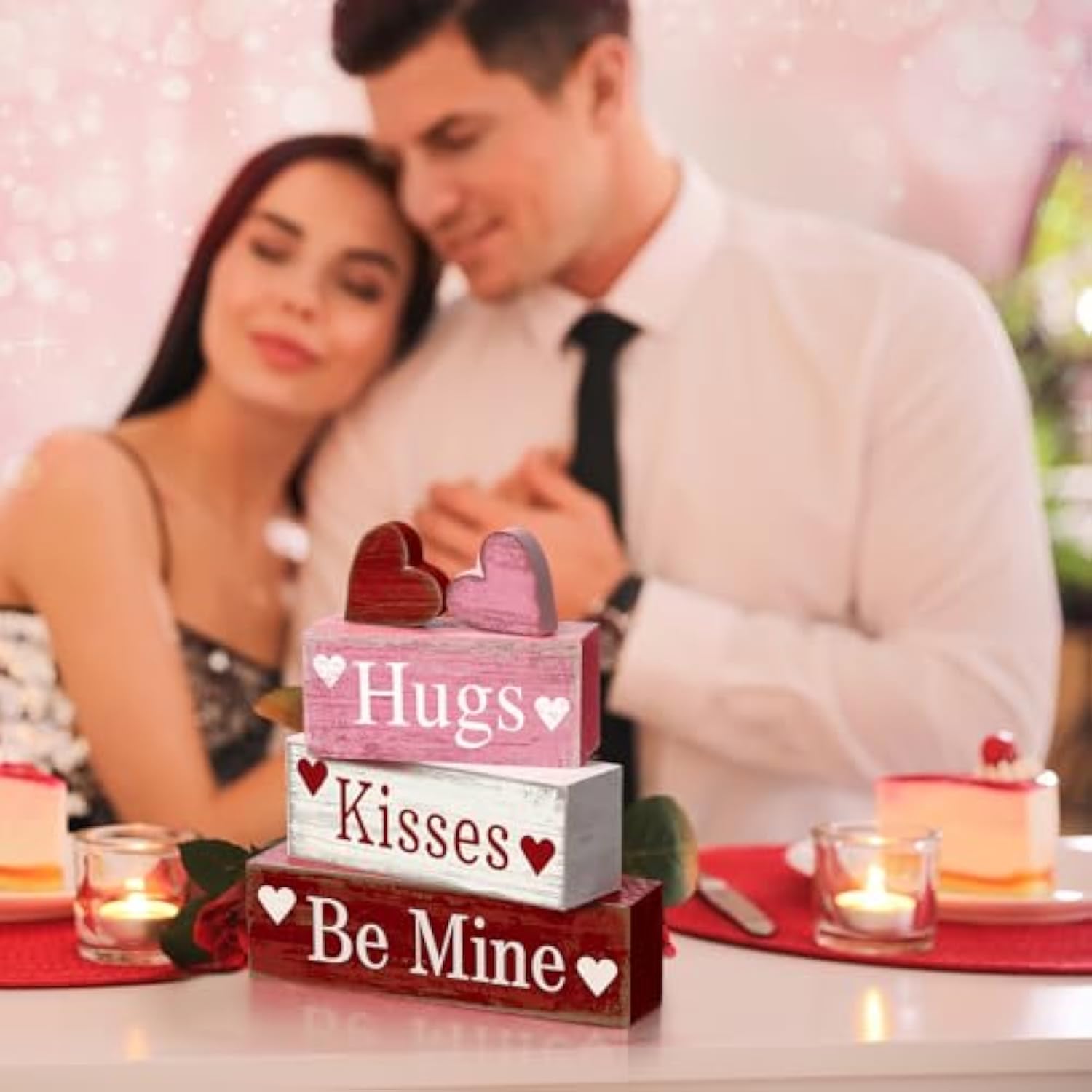 4 Pcs Valentine'S Day Table Decorations Wooden Heart Valentine Tiered Tray Decor Valentine Day Centerpiece Rustic Decorative Heart Block Signs Gift Farmhouse Valentines Decor For Home Kitchen