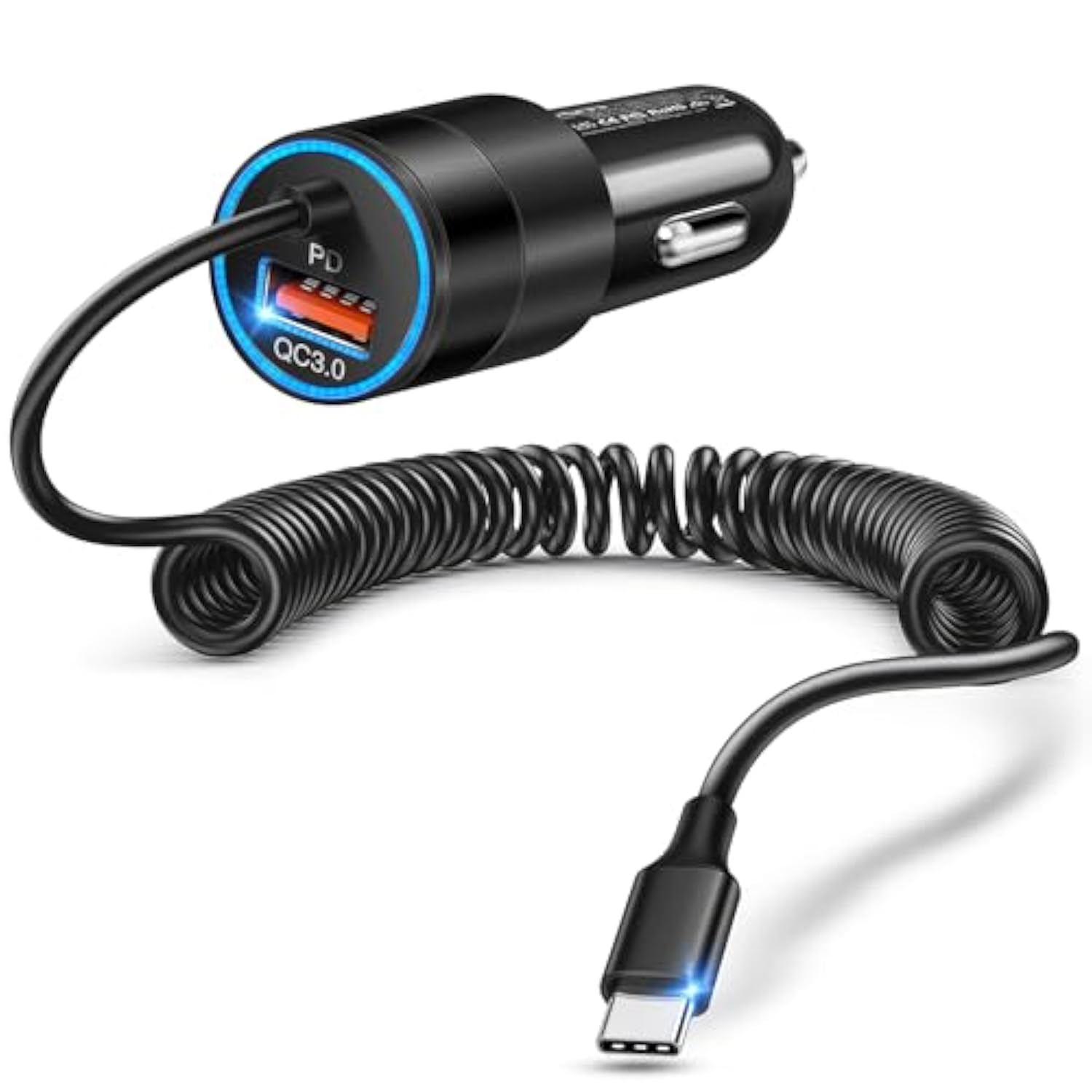 Usb C Car Charger, 38W Dual Ports Usb-C & Usb-A Cigarette Lighter Adapter Fast Charging Phone Plug With Bulit-In 1.2M Coiled Cable For Iphone 16E,16,15, Galaxy S25, S24,Pixel 7