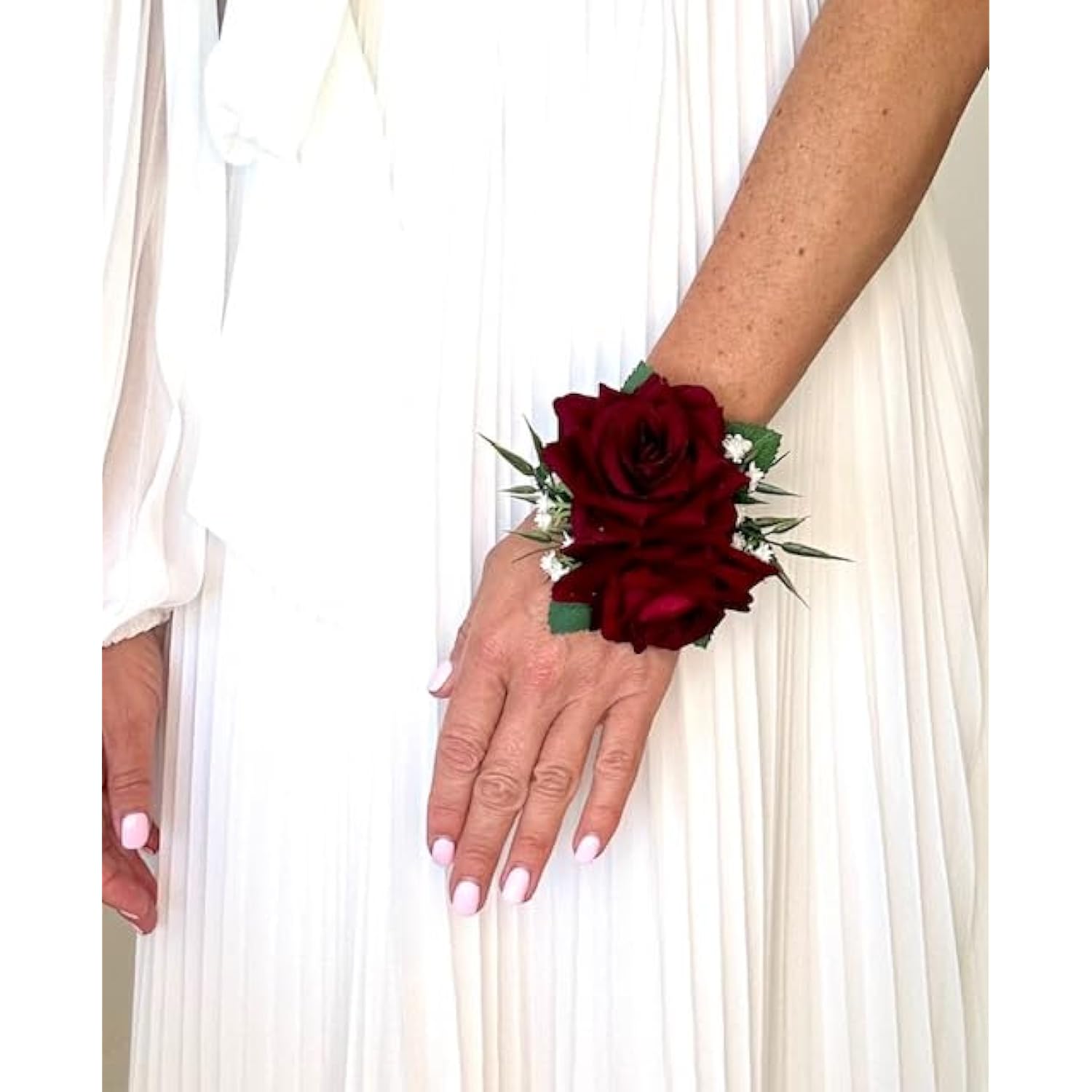 : Rose Wrist Corsage And Boutonniere Set, Usa Handcrafted Baby'S Breath Prom Flowers Wristlet Lapel Groom Floral Groomsmen Blush Pink, Red, White, Purple (Burgundy Corsage Boutonniere Set)