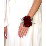 : Rose Wrist Corsage And Boutonniere Set, Usa Handcrafted Baby'S Breath Prom Flowers Wristlet Lapel Groom Floral Groomsmen Blush Pink, Red, White, Purple (Burgundy Corsage Boutonniere Set)