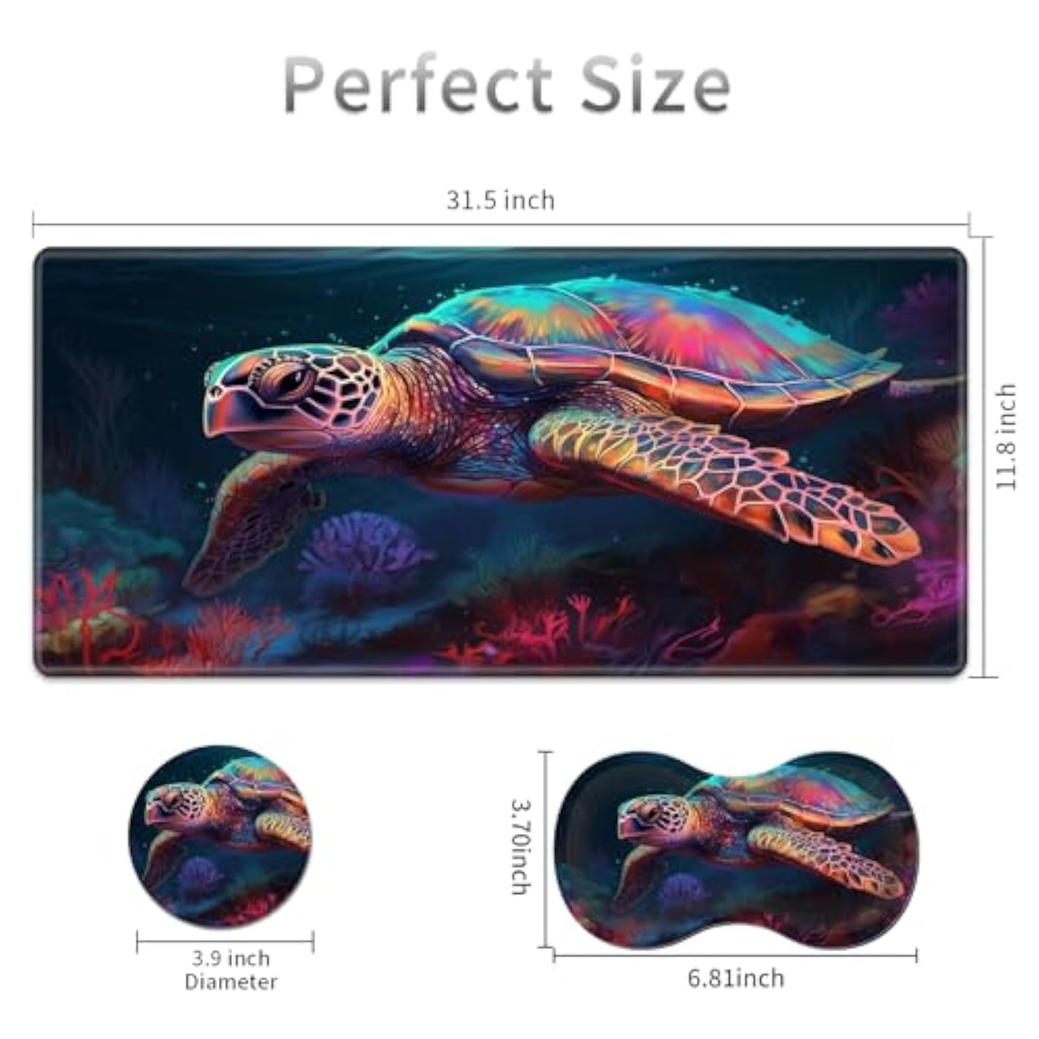 Desk Pad Mat + Wrist Rest Pad + Coasters Set, Durable Office Desk Mat 31.5"X 11.8", Large Gaming Mouse Pad Extended Non-Slip Rubber Base Keyboard Pad For Laptop & Home,Colored Turtle