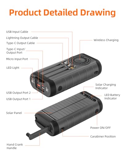 Solar Charger Power Bank 59800mAh, Outdoor Waterproof Battery Pack, 3 Built in Cables & Hand Crank, 6 Outputs, 15W Wireless Charging, Emergency LED