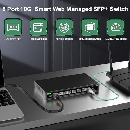 8 Port 10Gb Smart Web Managed Sfp+ Switch,10G Optical Easy Managed Sfp+ Ethernet Switch,Metal Fanless Home Lab Network Switch With Link Aggregation/Qos/Vlan/Dhcp Client, Black, Gt-Swtxg8Fm