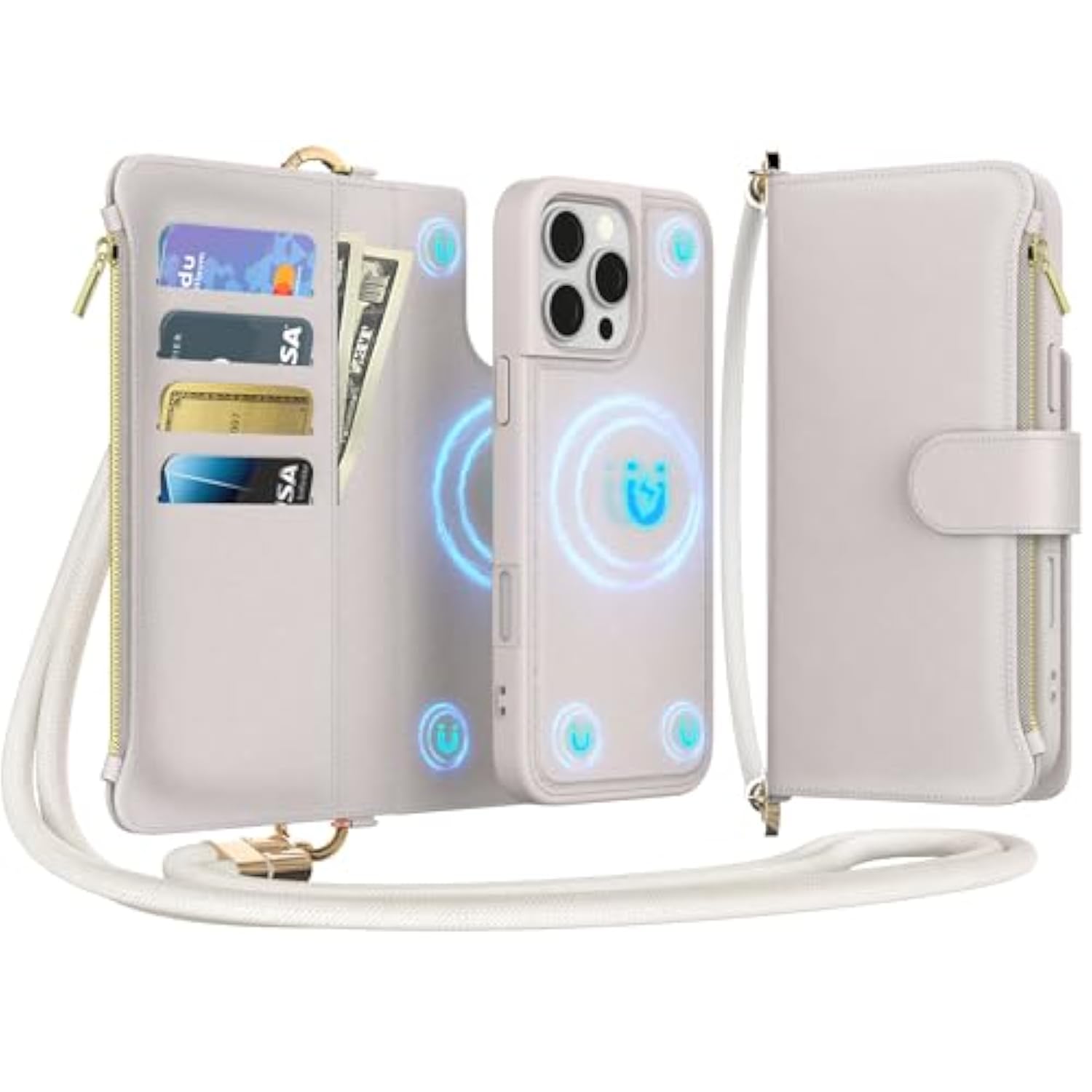 For Iphone 16 Pro(6.3 Inches) Detachable Wallet Case With Crossbody.Multi-Function 2 In 1 Magnetic Wallet Case With Card Holder.Flip Strap Zipper Phone Case With Shoulder Straps