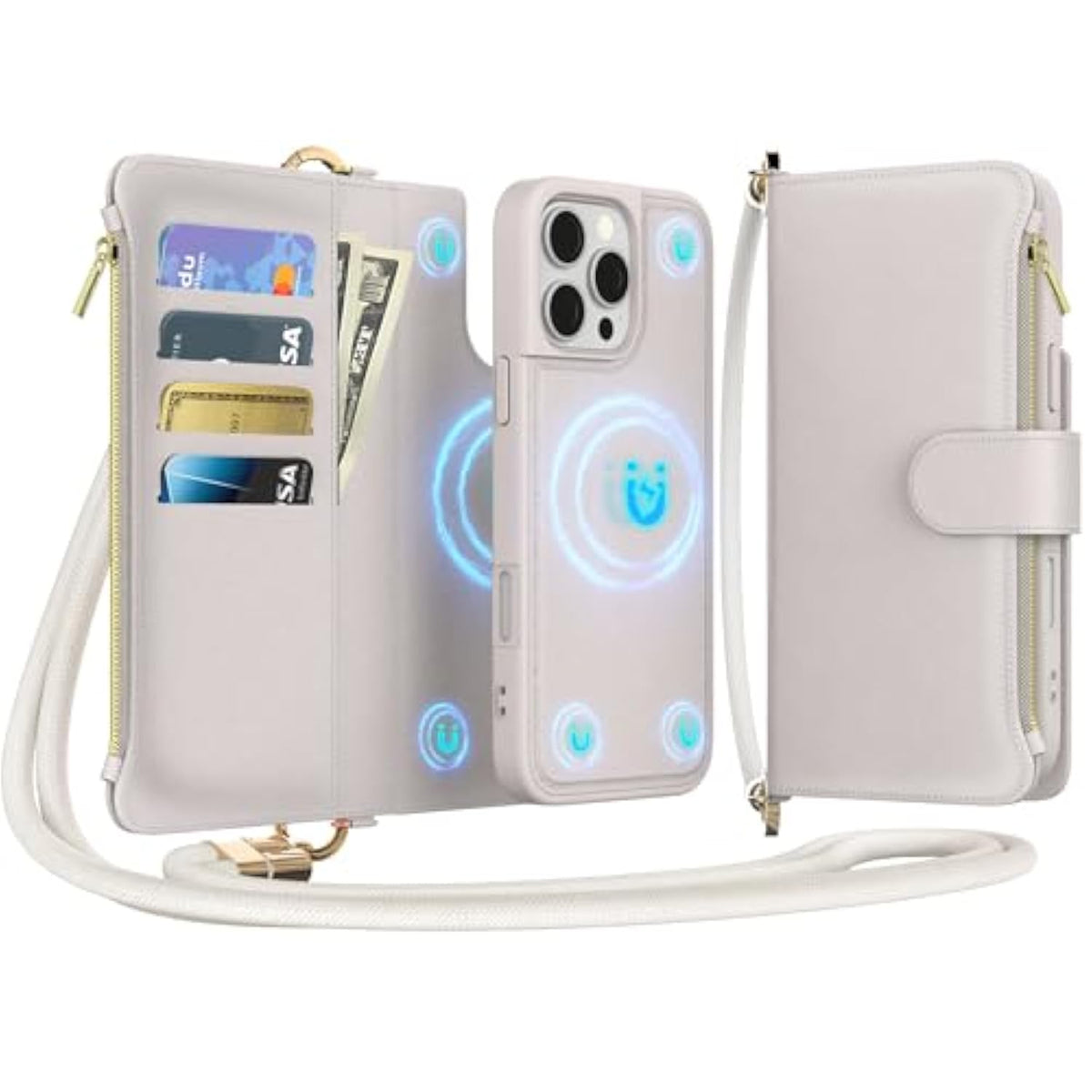For Iphone 16 Pro(6.3 Inches) Detachable Wallet Case With Crossbody.Multi-Function 2 In 1 Magnetic Wallet Case With Card Holder.Flip Strap Zipper Phone Case With Shoulder Straps