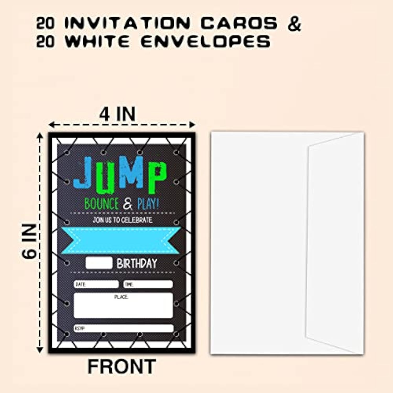 Trampoline Jump Birthday Party Invitations, Bounce House Birthday Invitations For Boys Girls, Kids Birthday Invites, Theme Birthday Party Decorations, 20 Invitations With 20 Envelopes - B02