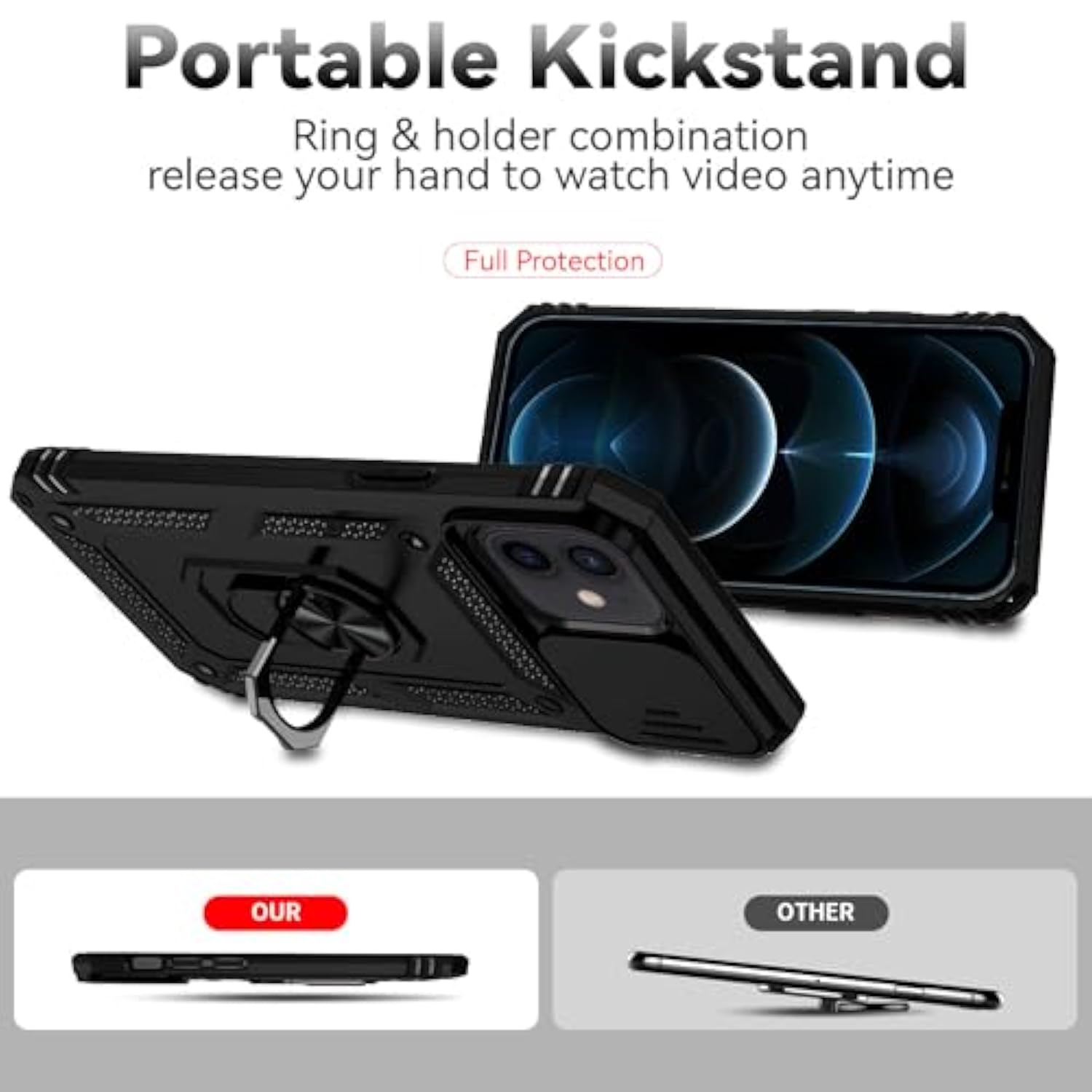 For Iphone 12 Case,With Camera Lens Cover Hd Screen Protector,[ Grade] Ring Car Mount Kickstand Hybrid Hard Pc Soft Tpu Shockproof Protective Case For Iphone 12, Black