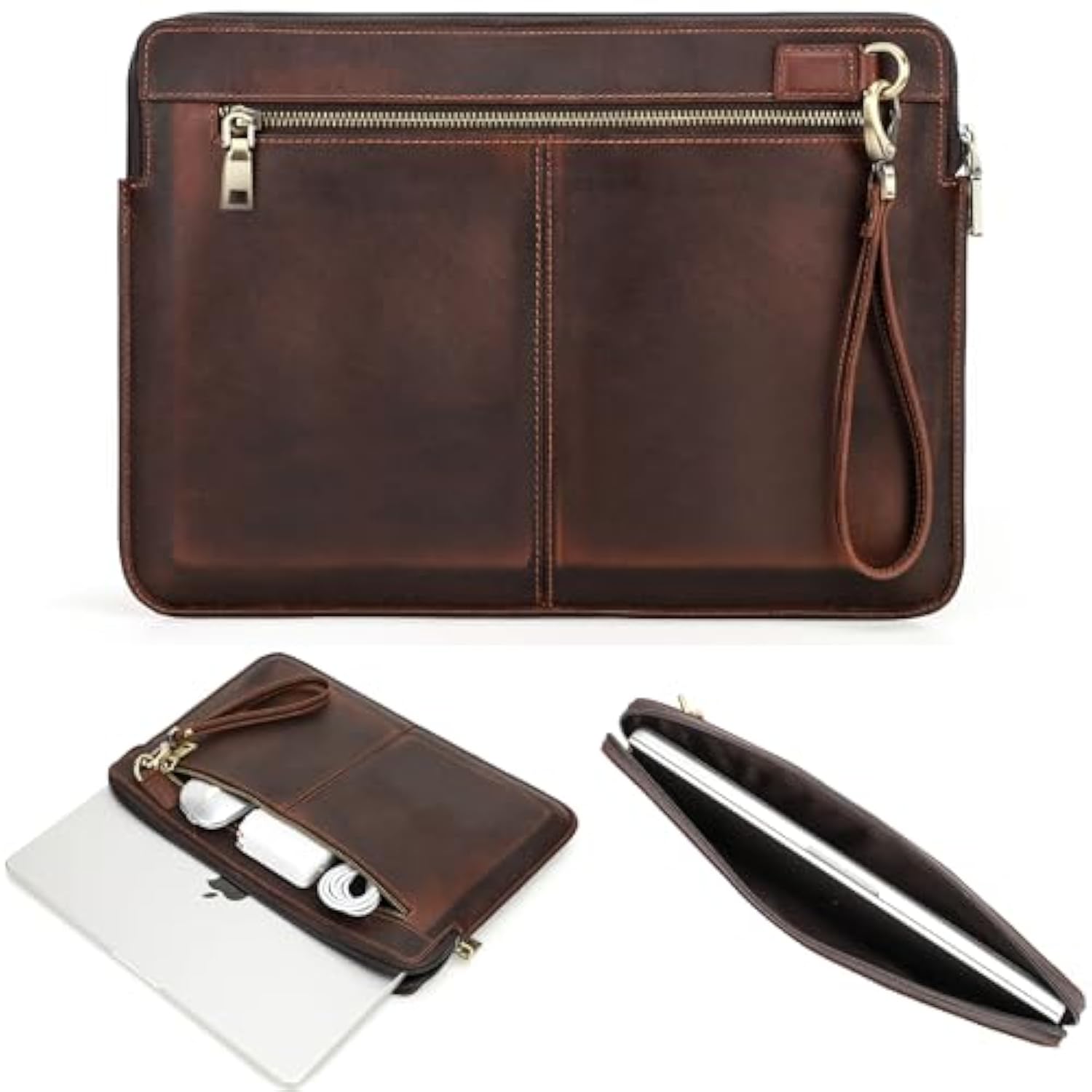 Top Grain Leather 14.2" Laptop Case Bag, Zip Pockets Design, Compatible With Macbook Air 13" M2 A2681 M1 A2337 A2179 A1932/Pro 13" M2 M1 A2338 A2251 A2289 A2159 A1989 A1706, Coffee 14.2 Inch